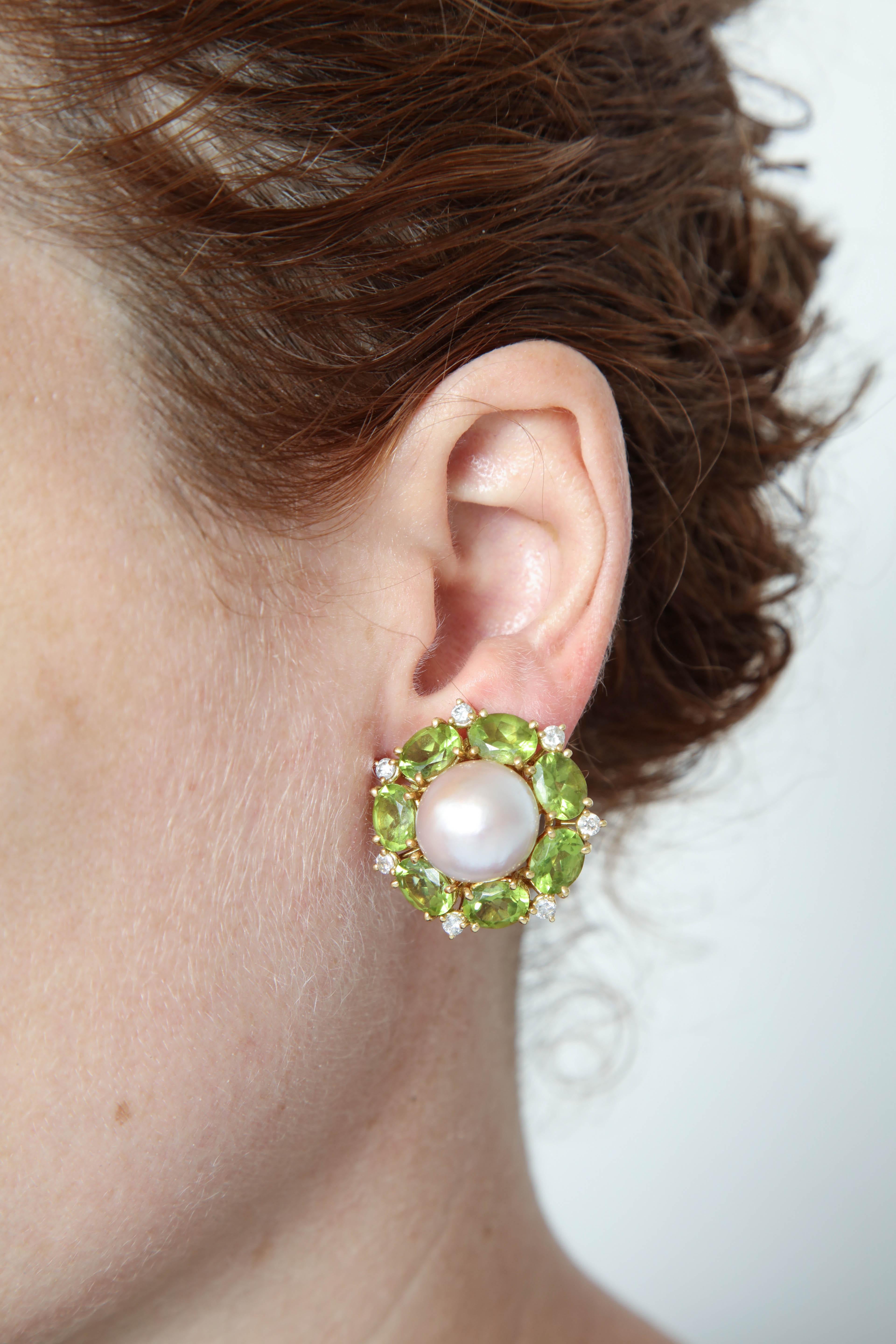 1980s Seaman Schepps South Sea Pearl with Peridots and Diamonds Earclips 2