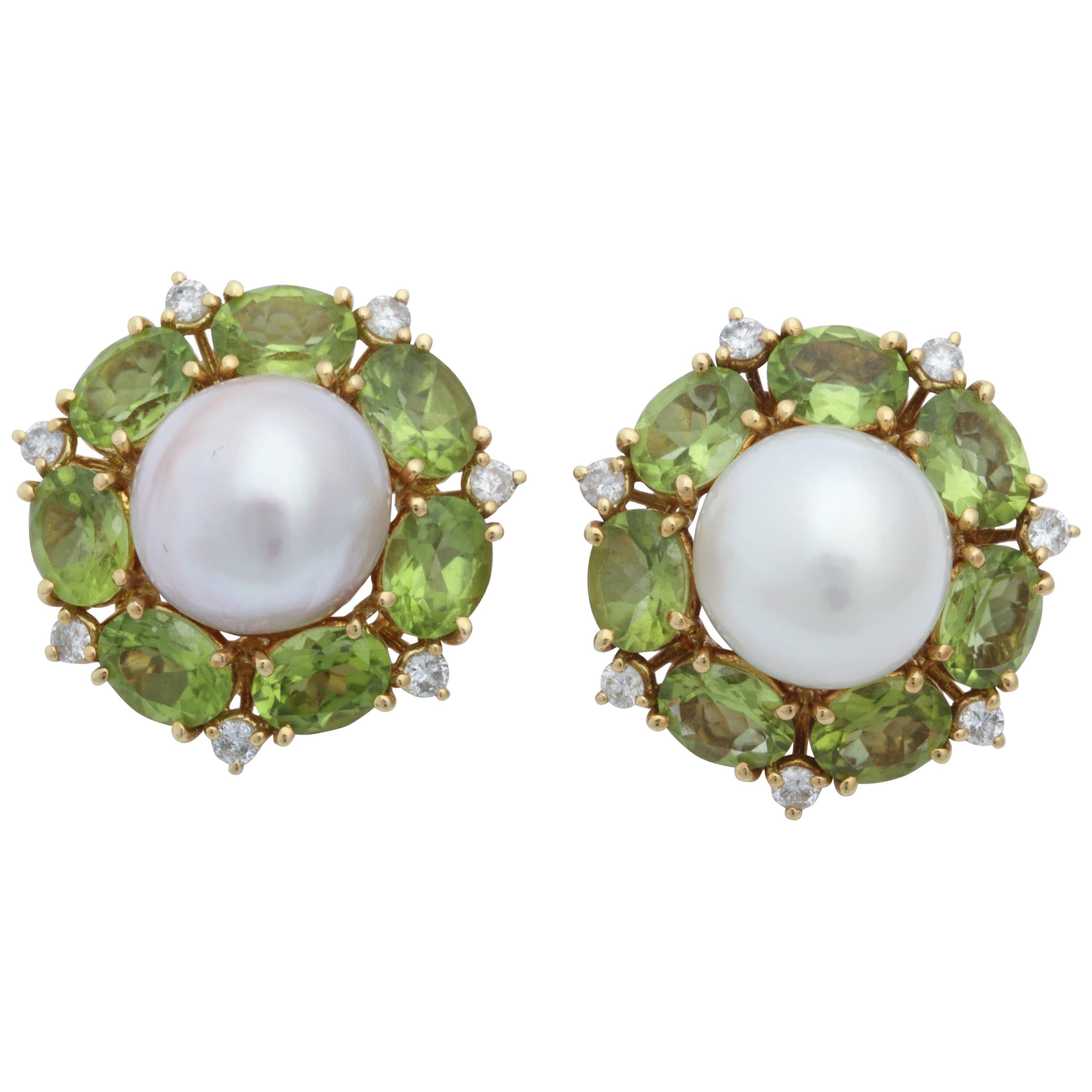 1980s Seaman Schepps South Sea Pearl with Peridots and Diamonds Earclips