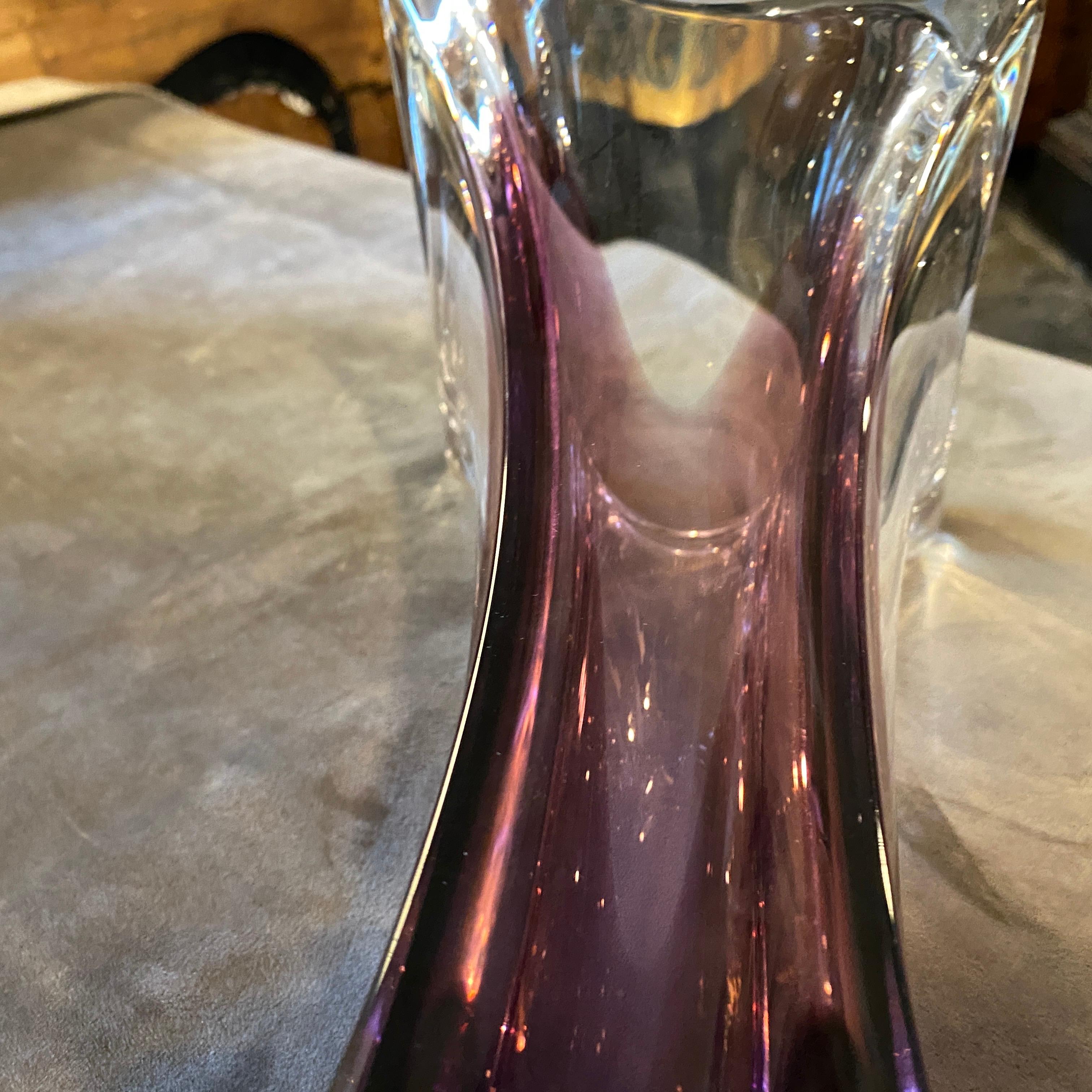 Mid-Century Modern 1980s Seguso Style Modernist Purple and Clear Sommerso Murano Glass Vase For Sale
