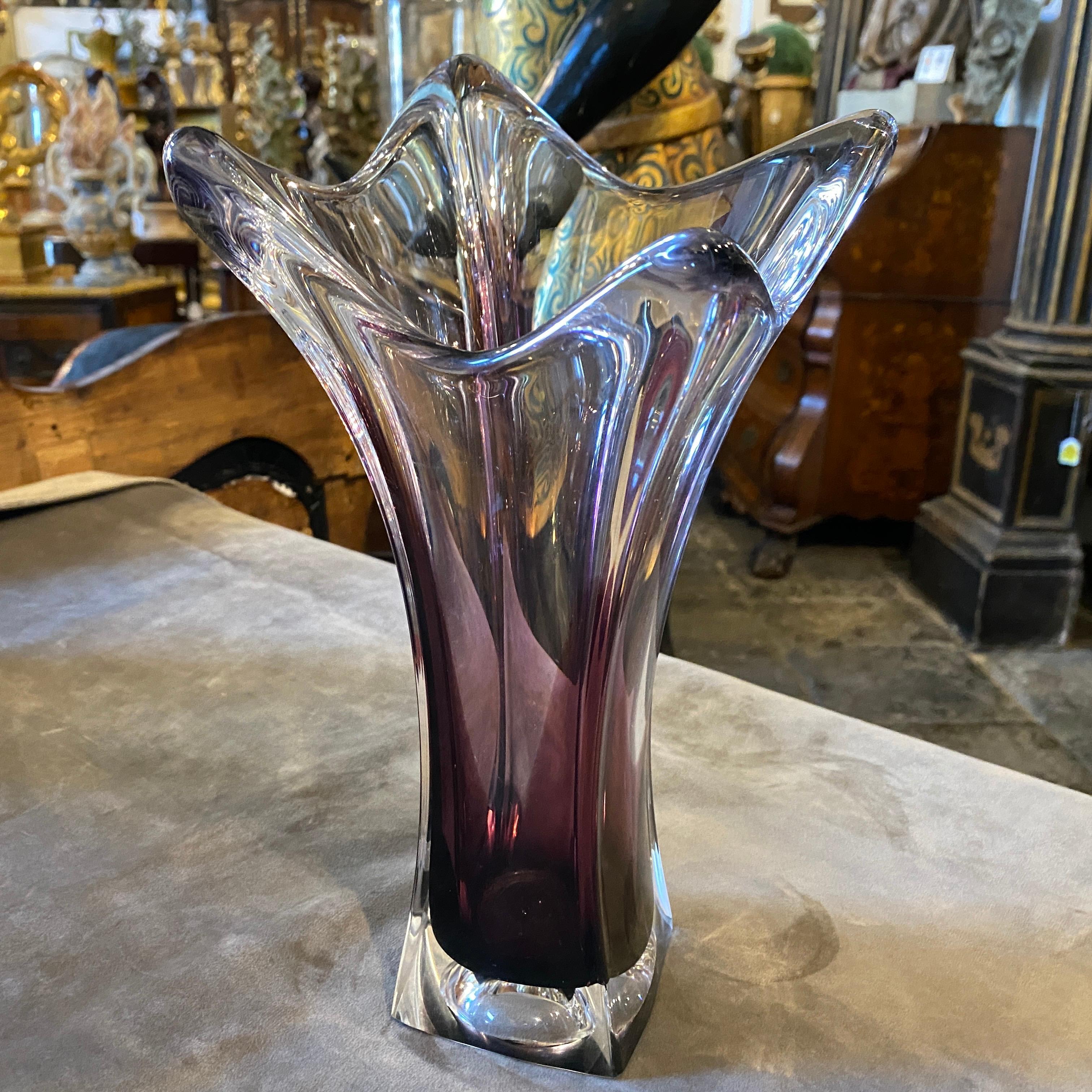 Italian 1980s Seguso Style Modernist Purple and Clear Sommerso Murano Glass Vase For Sale