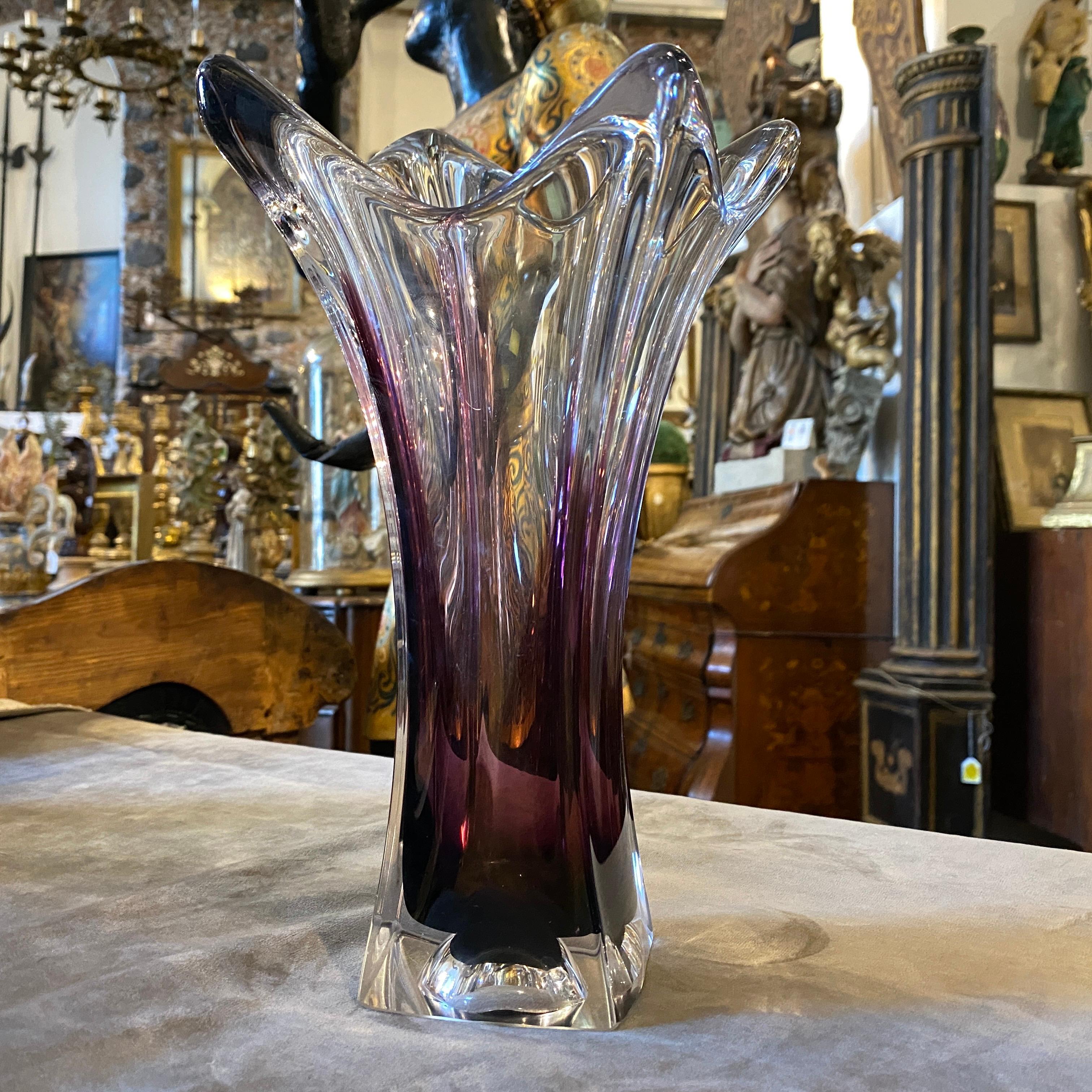 20th Century 1980s Seguso Style Modernist Purple and Clear Sommerso Murano Glass Vase For Sale