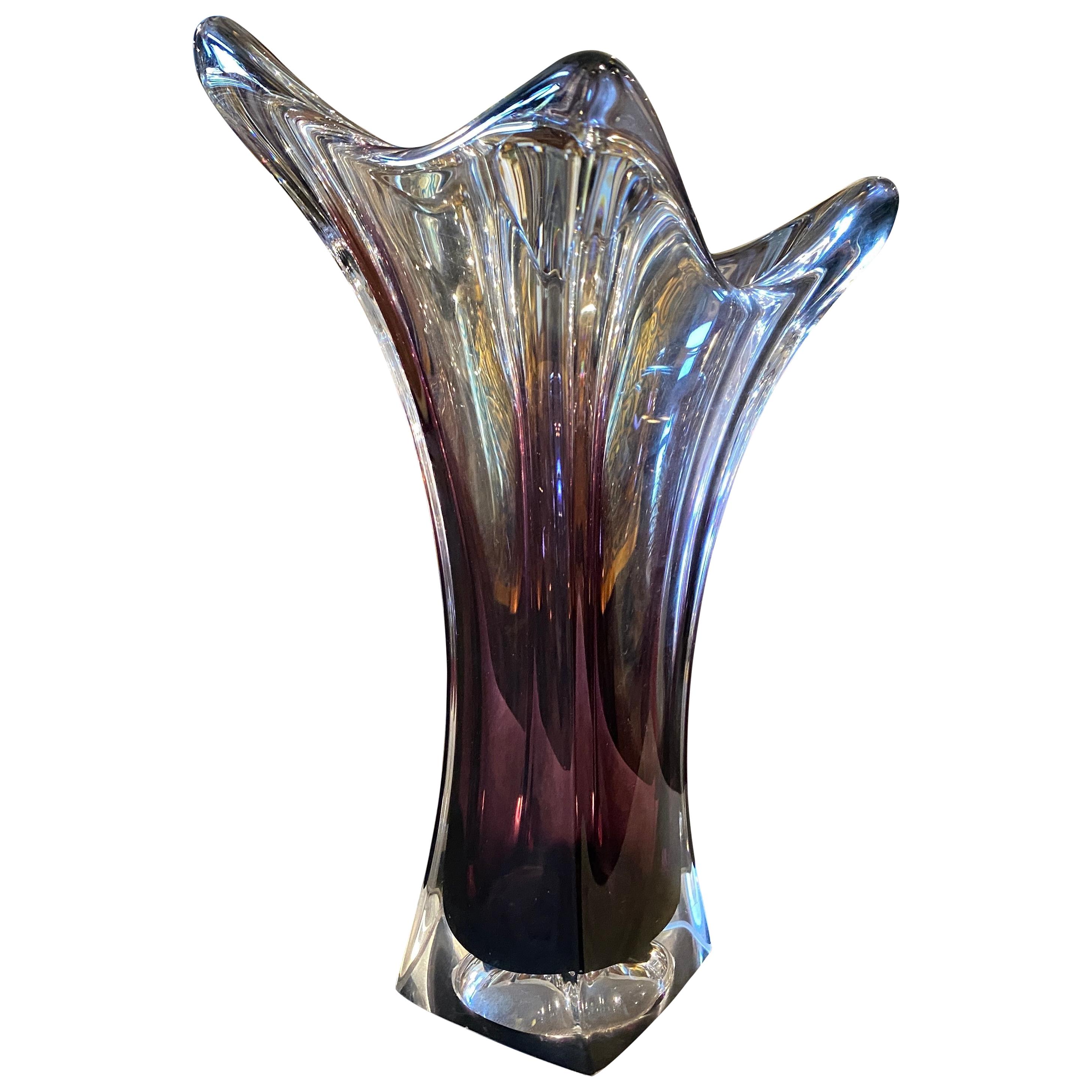 1980s Seguso Style Modernist Purple and Clear Sommerso Murano Glass Vase