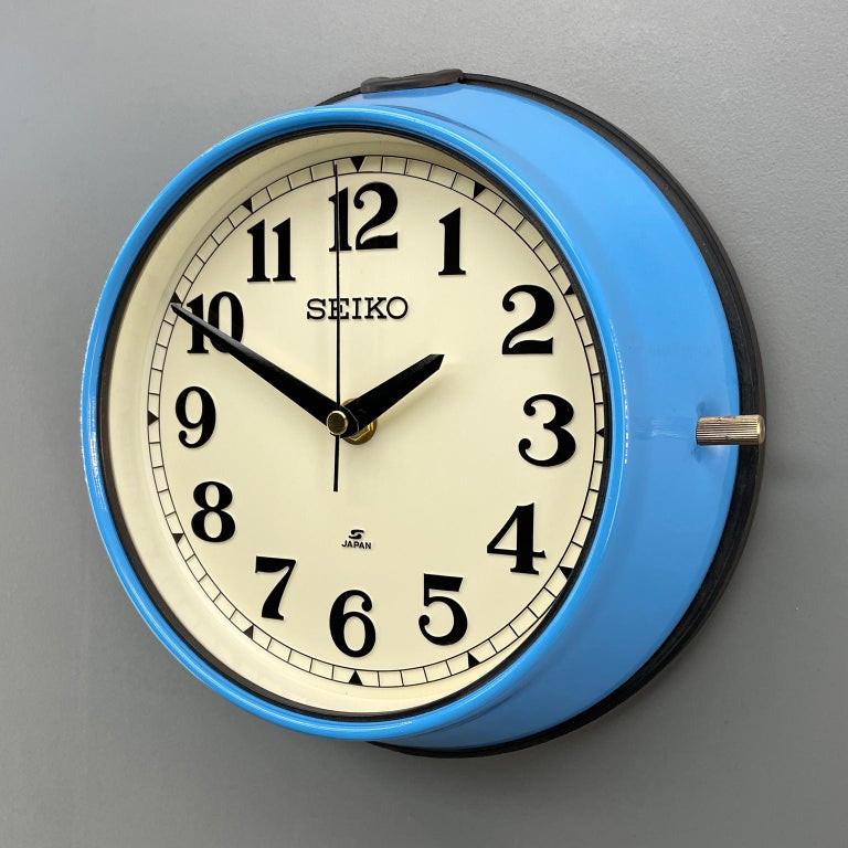 Japanese 1980s Seiko Blue and White Retro Vintage Industrial Antique Steel Quartz Clock