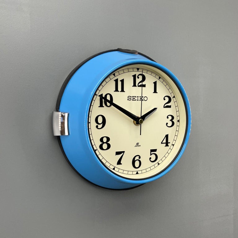 Late 20th Century 1980s Seiko Blue and White Retro Vintage Industrial Antique Steel Quartz Clock