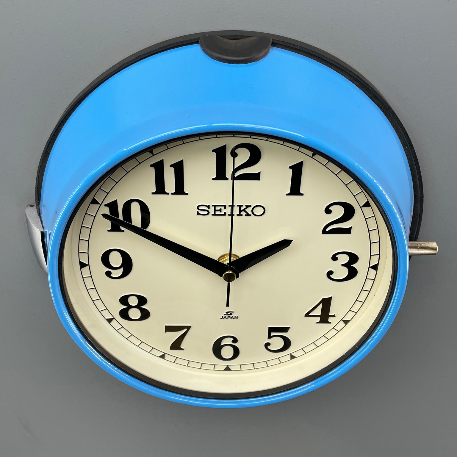 Glazed 1980s Seiko Blue and White Retro Vintage Industrial Antique Steel Quartz Clock