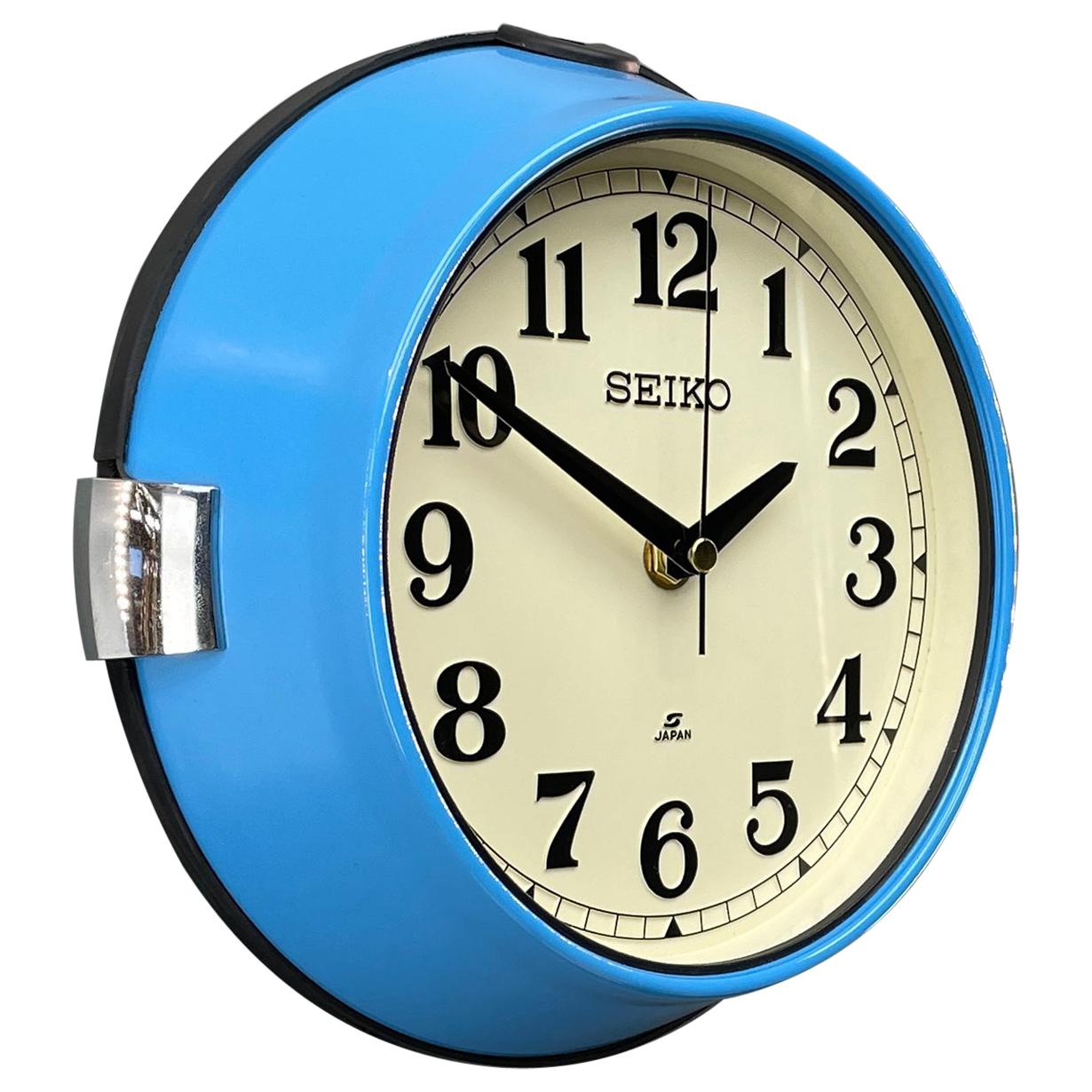 1980s Seiko Blue and White Retro Vintage Industrial Antique Steel Quartz Clock