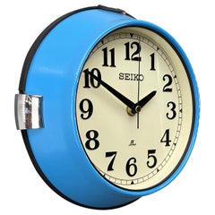 1980s Seiko Blue and White Vintage Vintage Industrial Antique Steel Quartz Clock