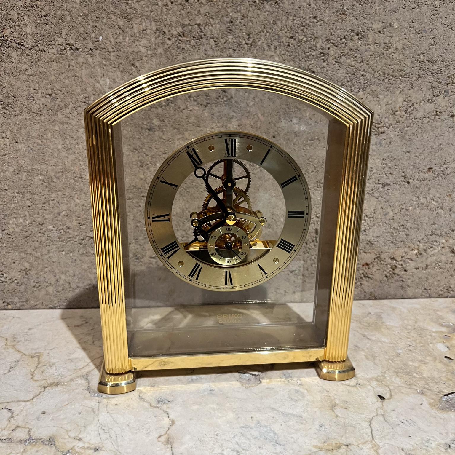 Modern 1980s Seiko Quartz Skeleton Desk Clock in Brass For Sale