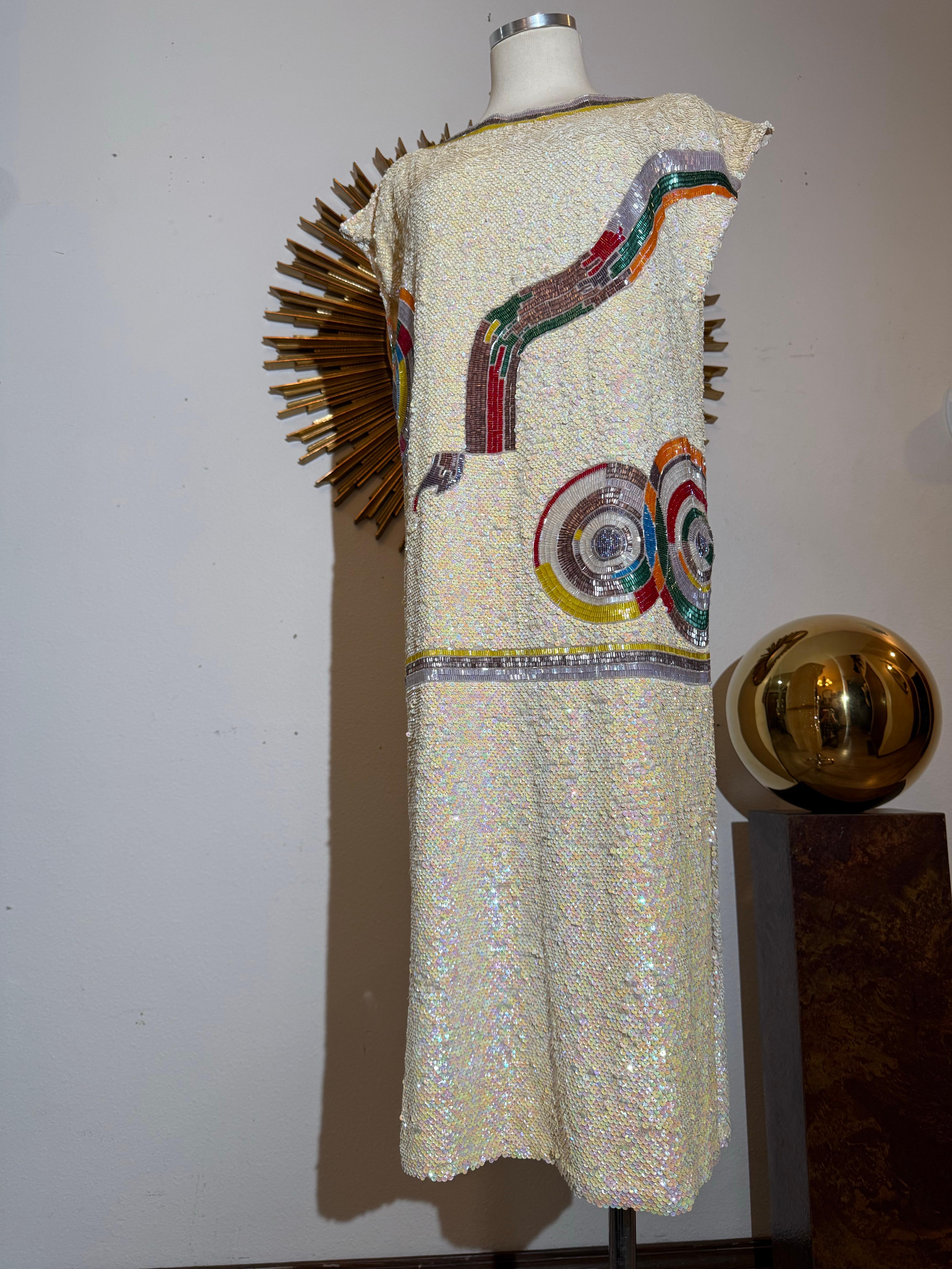 Brown 1980s Sequin Drop-Waisted Shift Dress w Deco-Style Graphic Motif on Silk Crepe For Sale