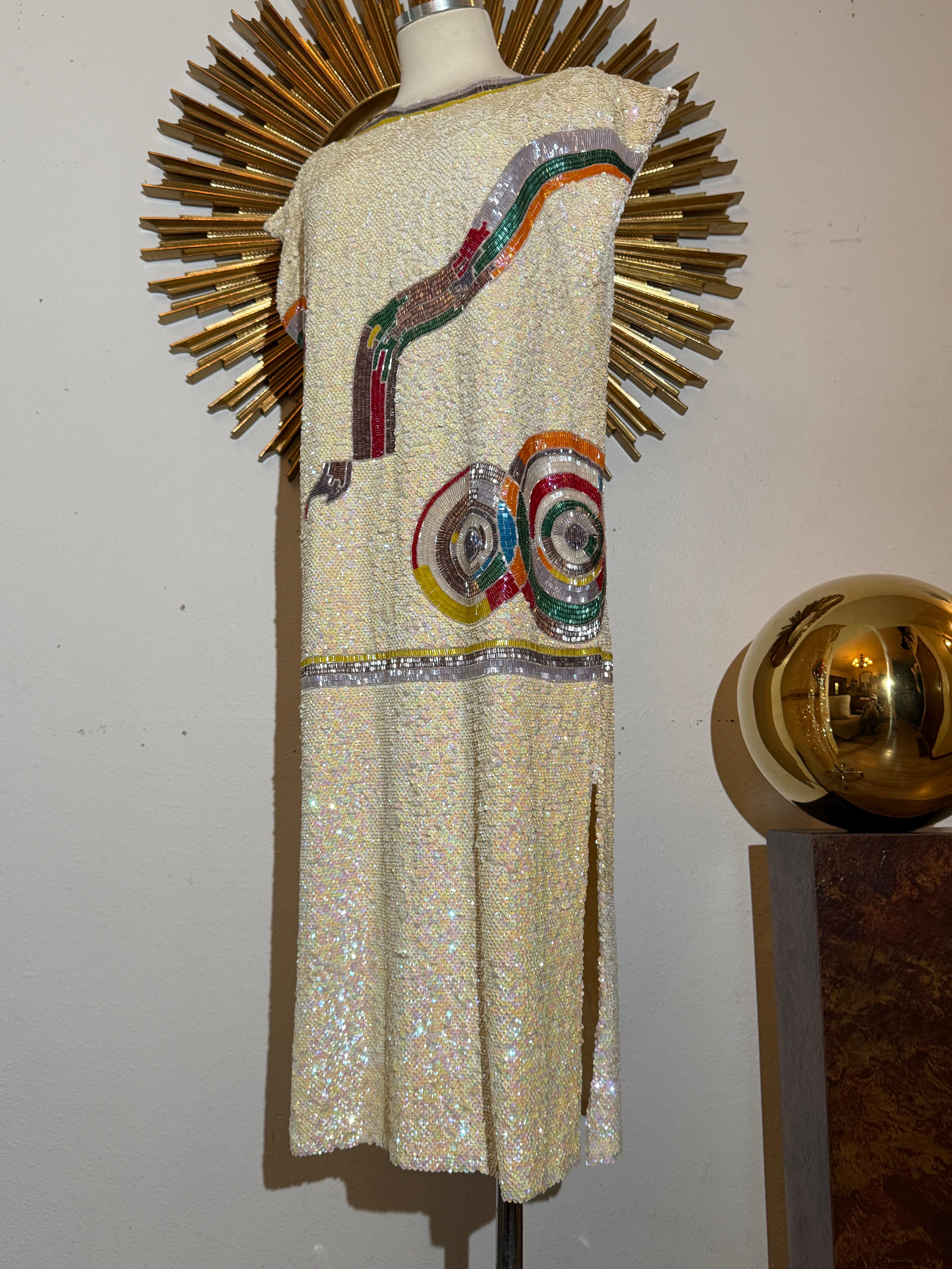 1980s Sequin Drop-Waisted Shift Dress w Deco-Style Graphic Motif on Silk Crepe In Excellent Condition For Sale In Gresham, OR
