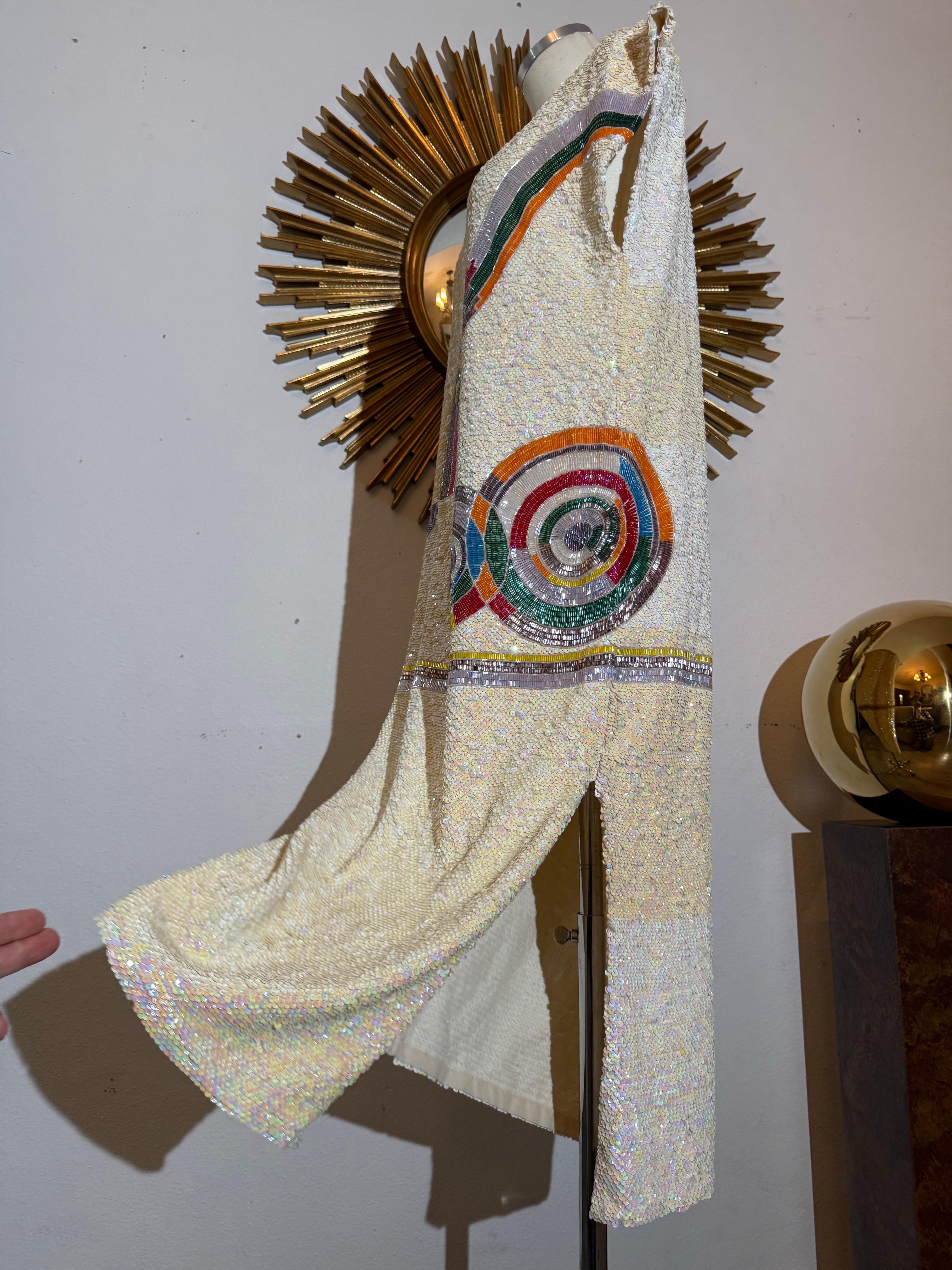 Women's 1980s Sequin Drop-Waisted Shift Dress w Deco-Style Graphic Motif on Silk Crepe For Sale