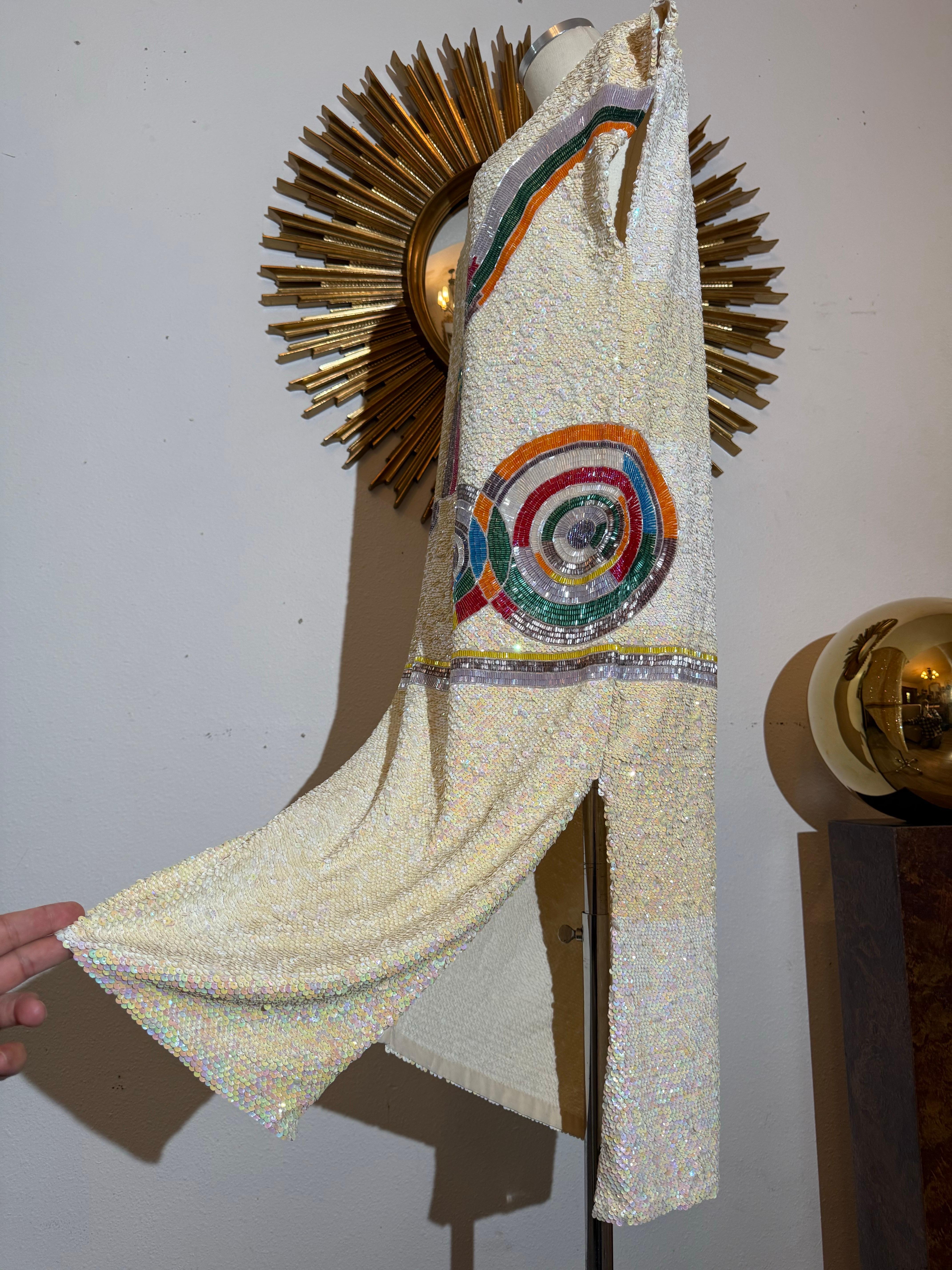 1980s Sequin Drop-Waisted Shift Dress w Deco-Style Graphic Motif on Silk Crepe For Sale 1