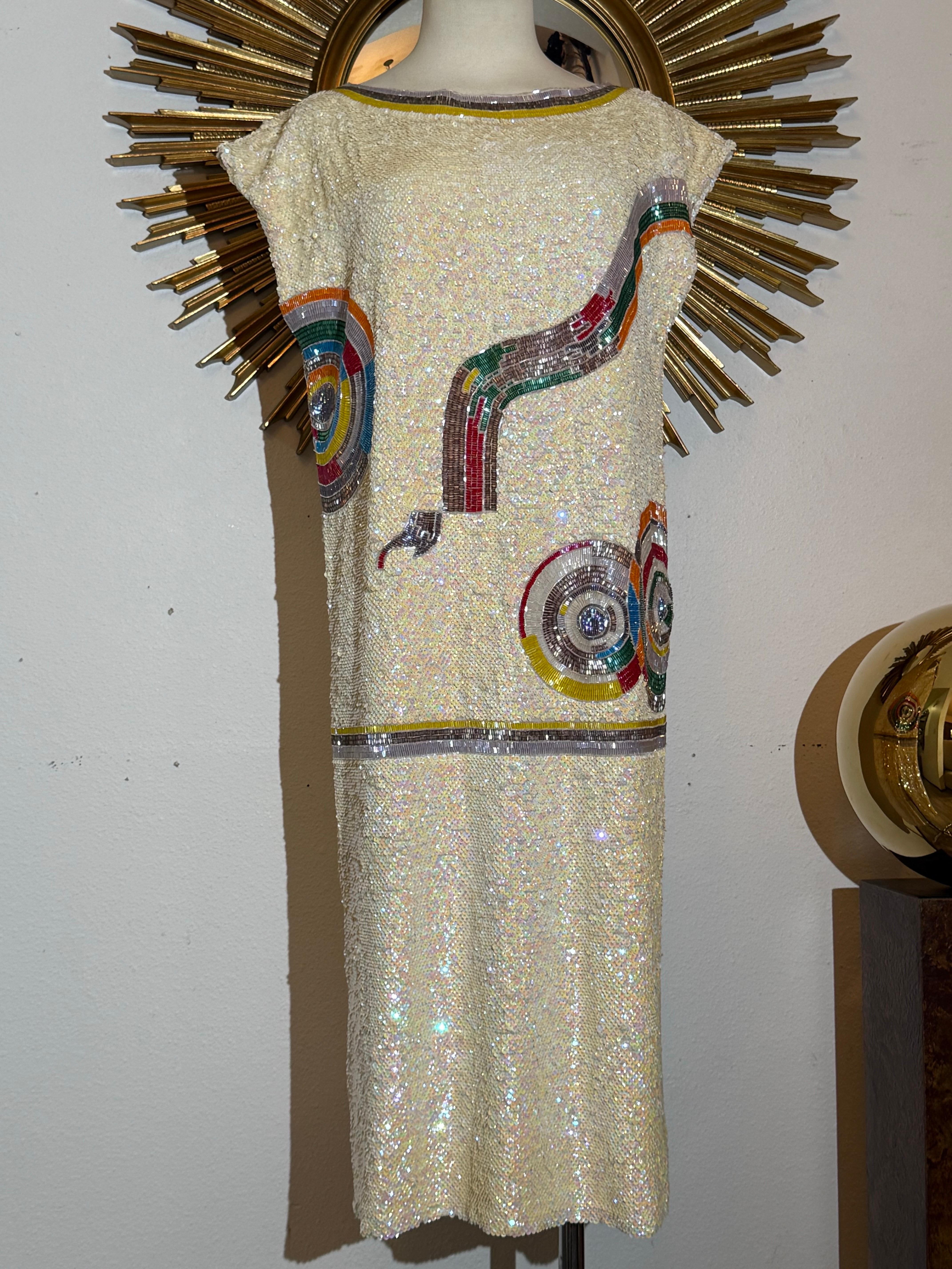 1980s Sequin Drop-Waisted Shift Dress w Deco-Style Graphic Motif on Silk Crepe For Sale 2
