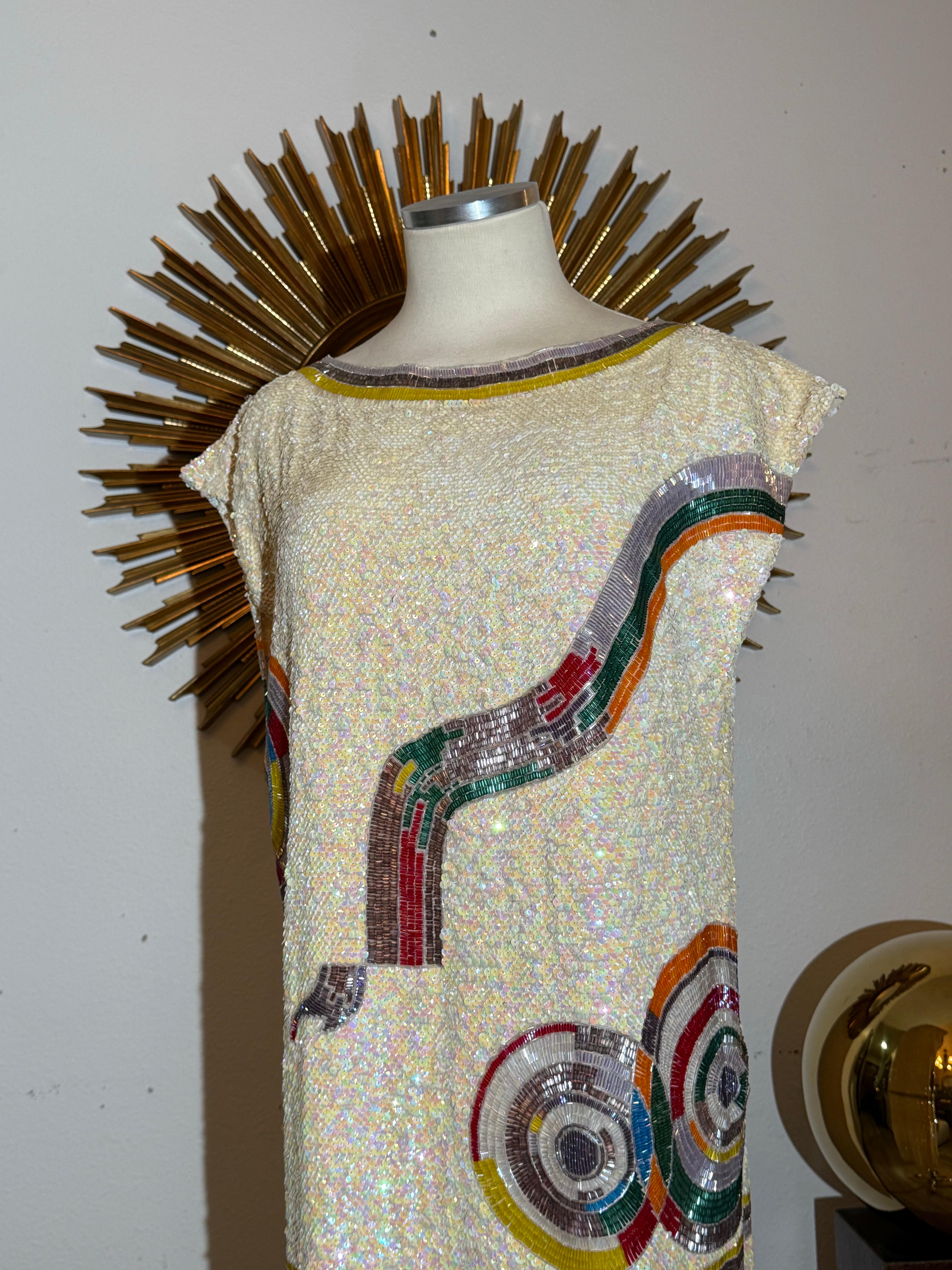 1980s Sequin Drop-Waisted Shift Dress w Deco-Style Graphic Motif on Silk Crepe For Sale 3