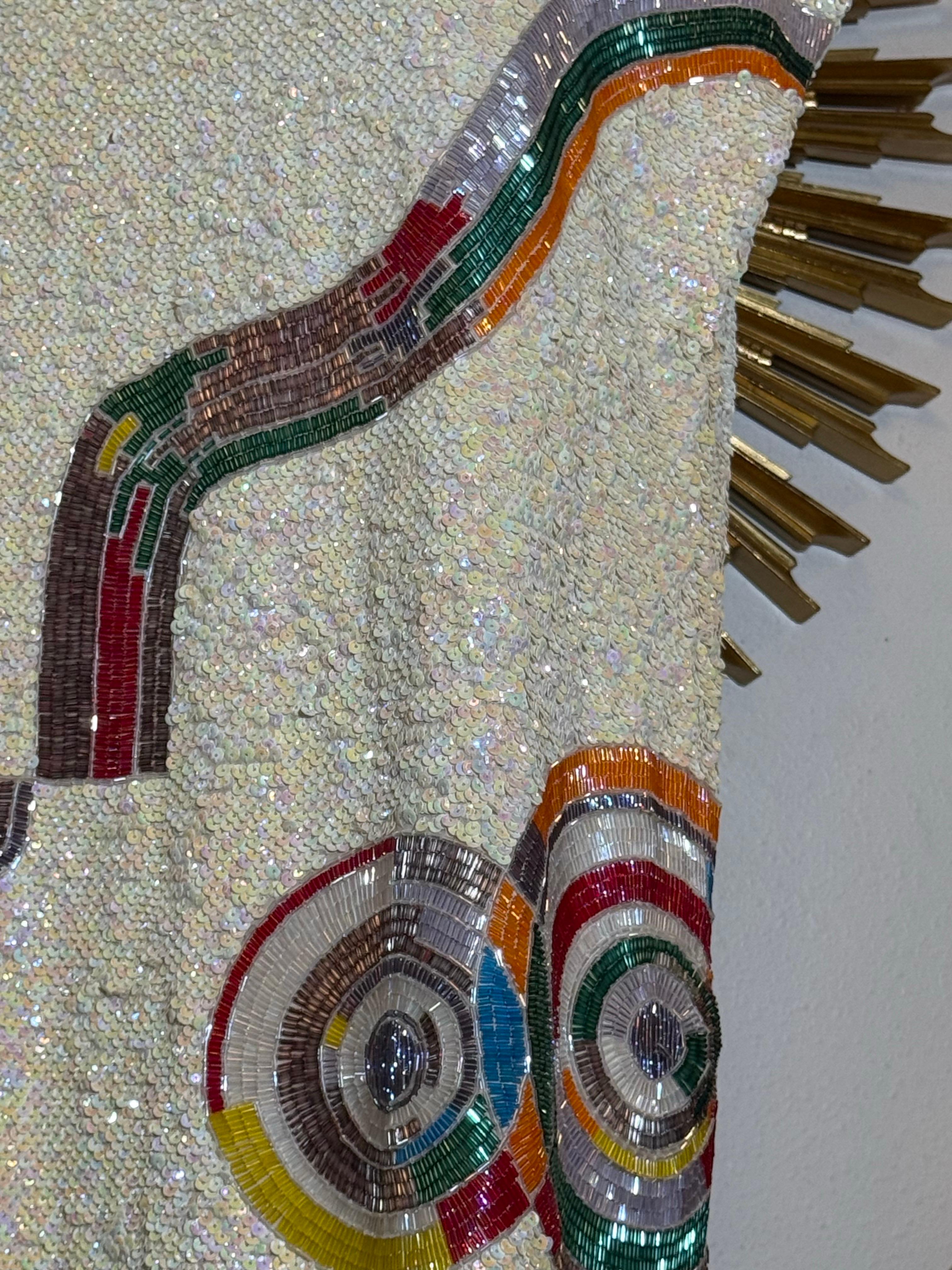 1980s Sequin Drop-Waisted Shift Dress w Deco-Style Graphic Motif on Silk Crepe For Sale 4