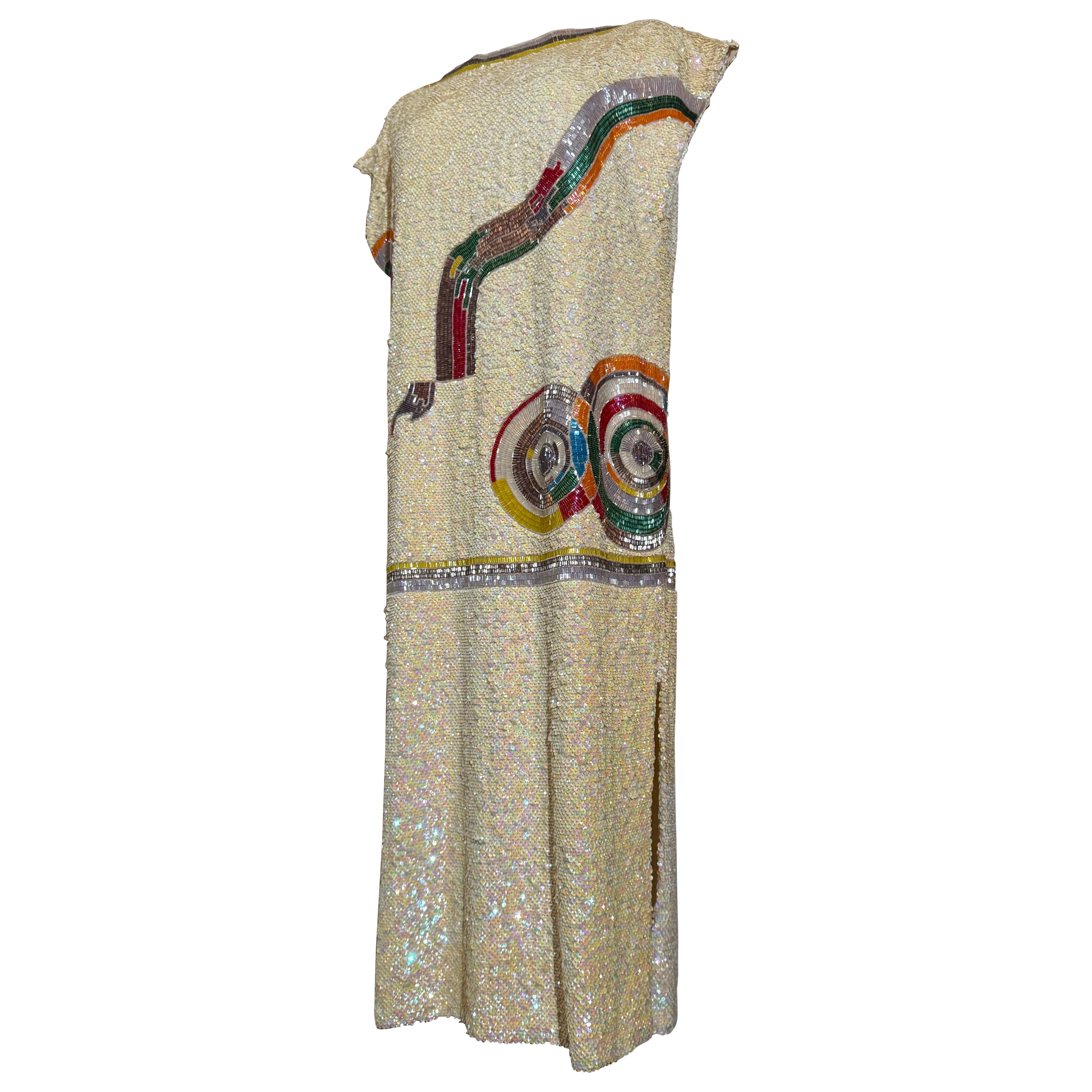 1980s Sequin Drop-Waisted Shift Dress w Deco-Style Graphic Motif on Silk Crepe For Sale