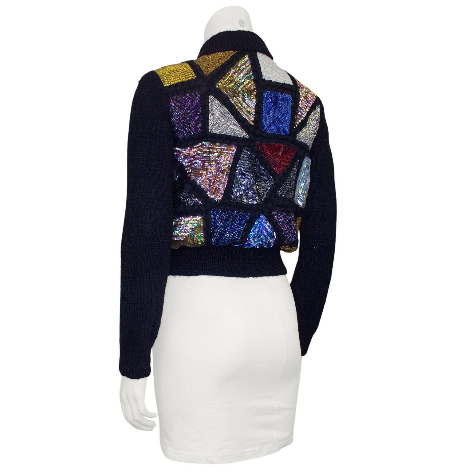 1980s Sequin Stained Glass Window Patchwork Sweater Bomber In Good Condition For Sale In Toronto, Ontario
