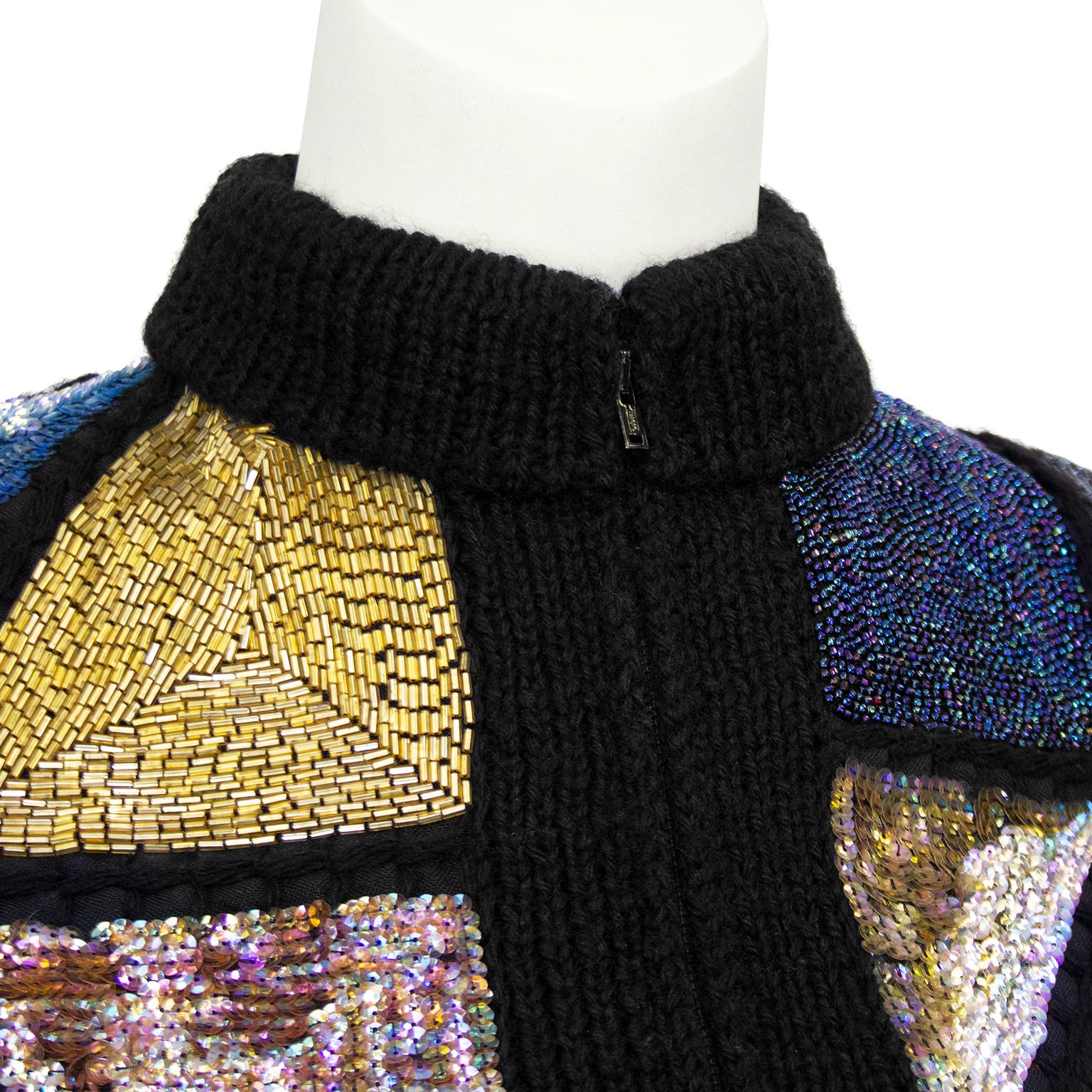 Women's 1980s Sequin Stained Glass Window Patchwork Sweater Bomber For Sale