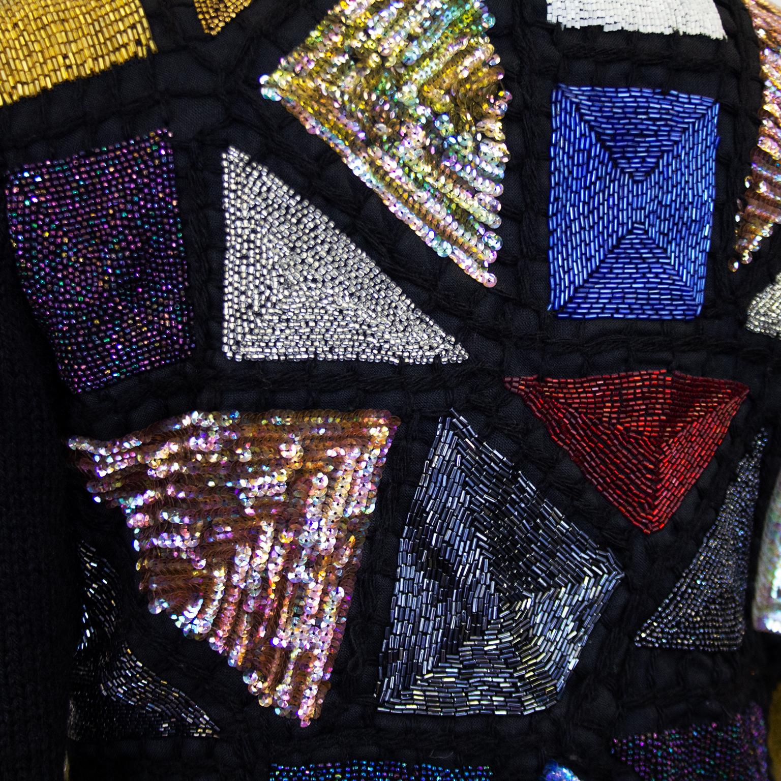 1980s Sequin Stained Glass Window Patchwork Sweater Bomber For Sale 1
