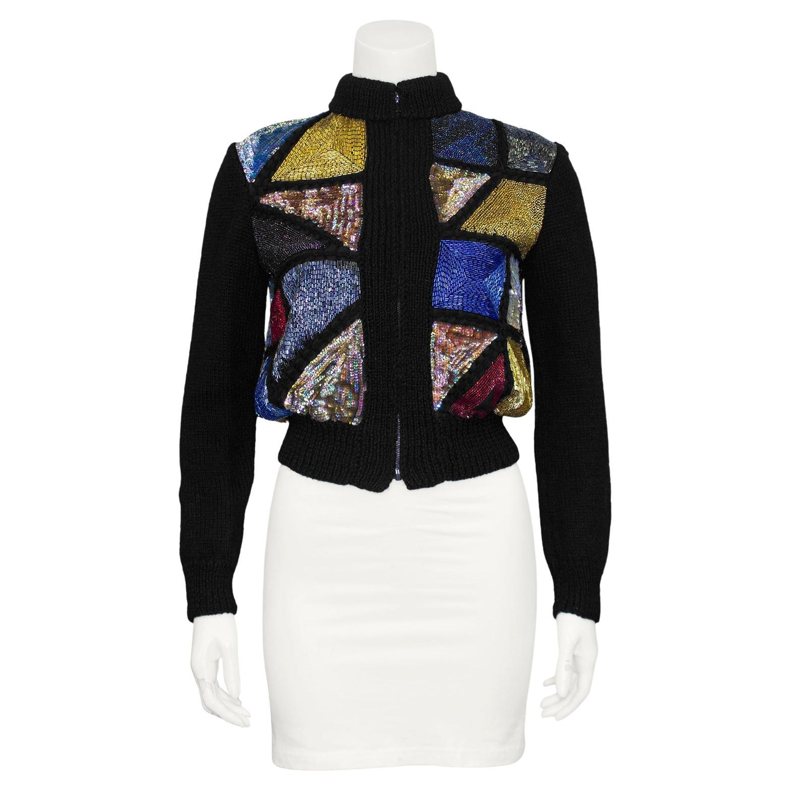 1980s Sequin Stained Glass Window Patchwork Sweater Bomber For Sale