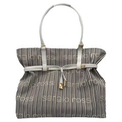 1980s Sergio Rossi Grey White Striped Canvas Shoulder Hobo Bag