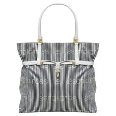 1980s Sergio Rossi Grey White Striped Canvas Shoulder Hobo Bag