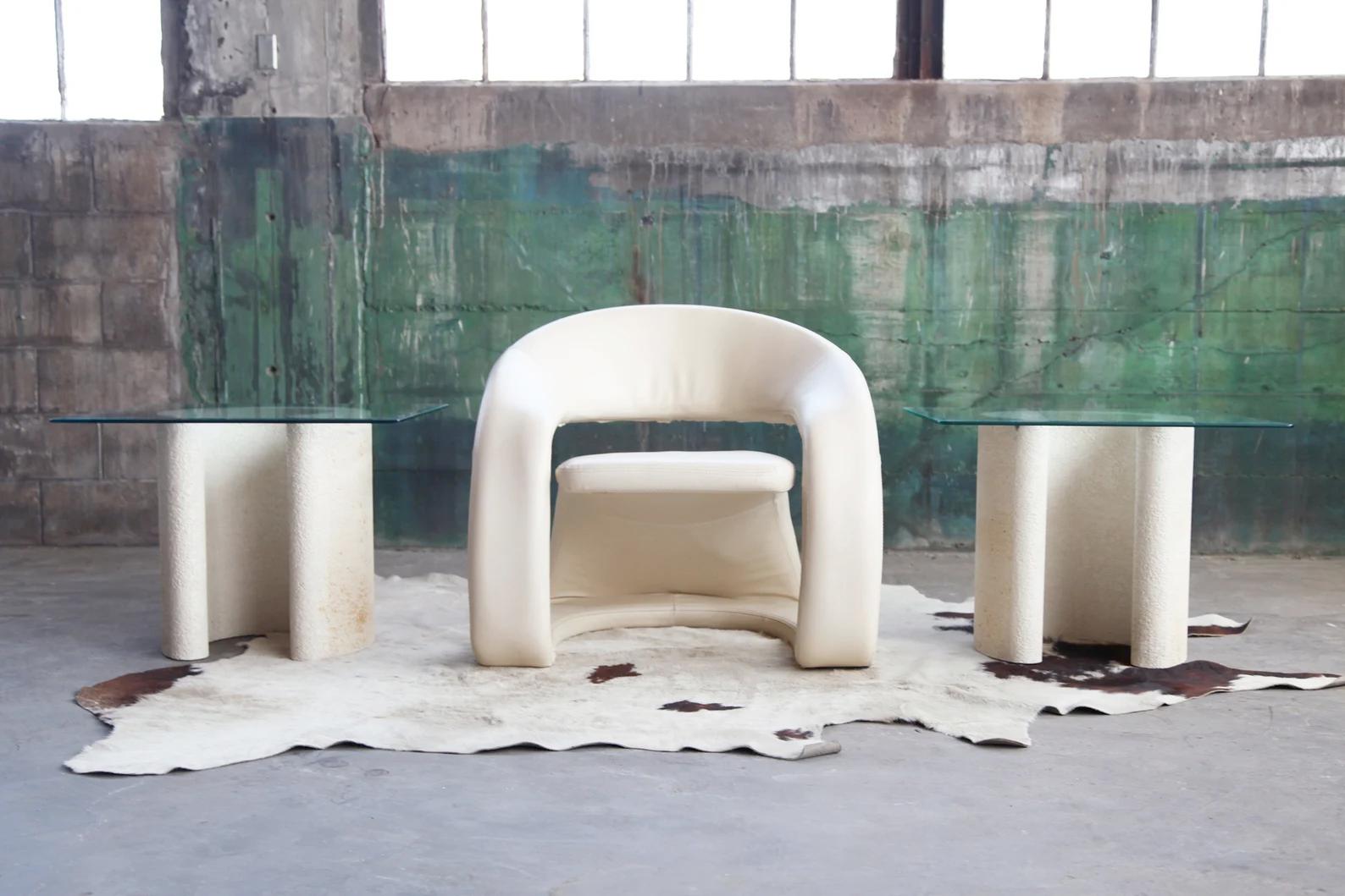 Ships from the Madison WI USA warehouse, via blanket wrap shipping, insured.

Set of three incredible postmodern tables: two side tables and one coffee table, 3 pcs
Completely epic set of three postmodern incredible Karl Springer attributed