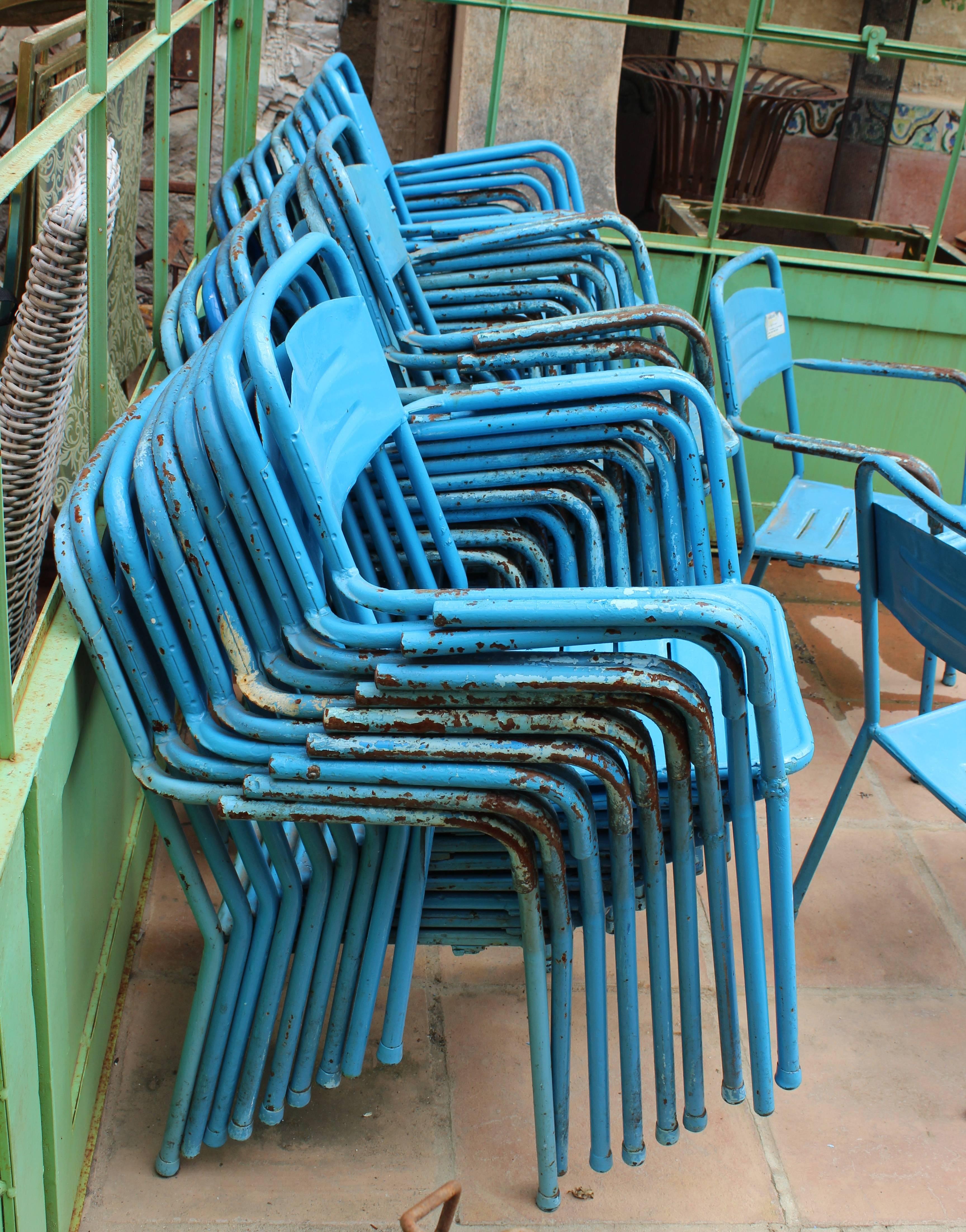 1980s Set of 32 Spanish Made Iron Blue Chairs 6
