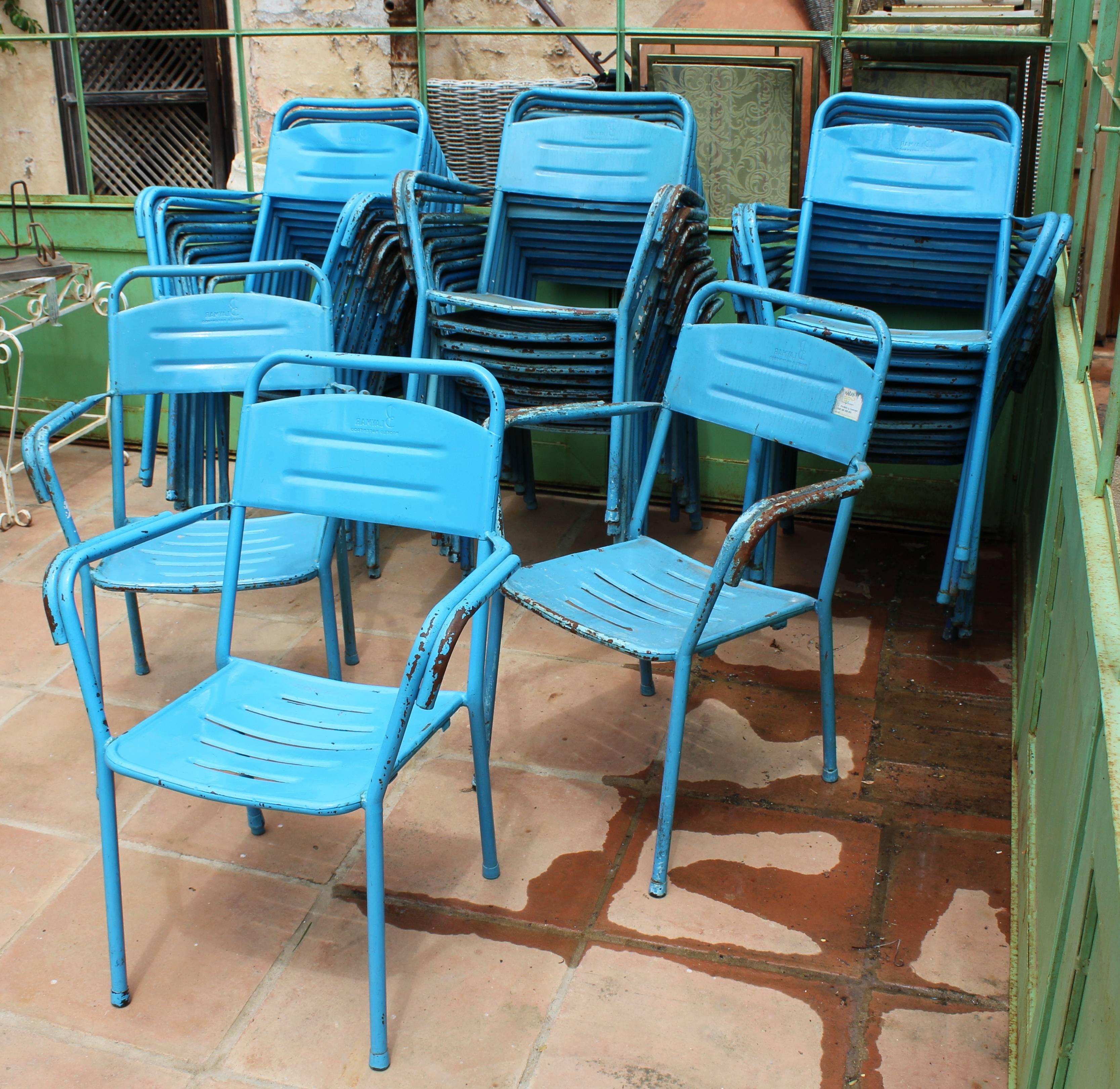 1980s Set of 32 Spanish Made Iron Blue Chairs In Good Condition In Marbella, ES