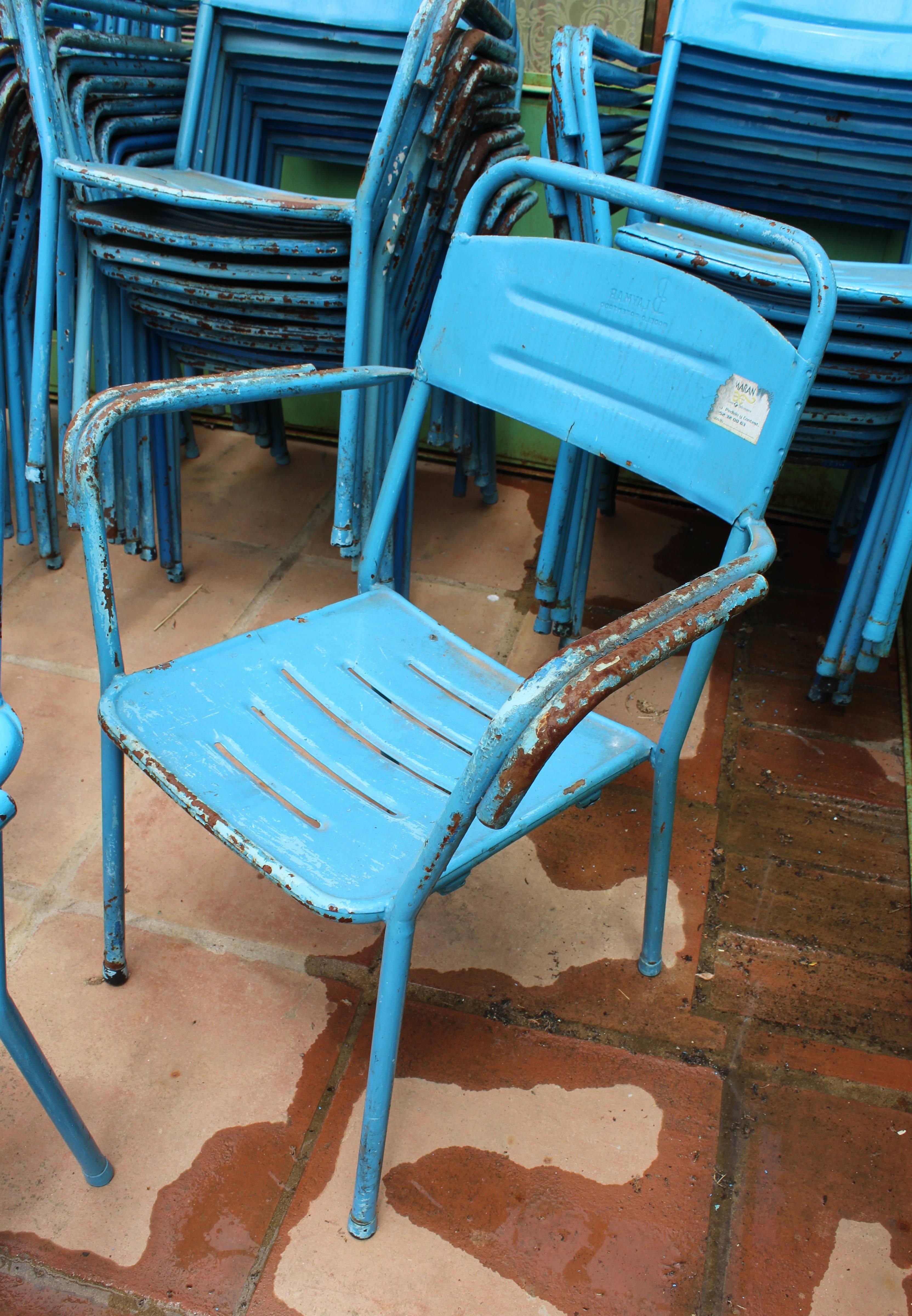 20th Century 1980s Set of 32 Spanish Made Iron Blue Chairs