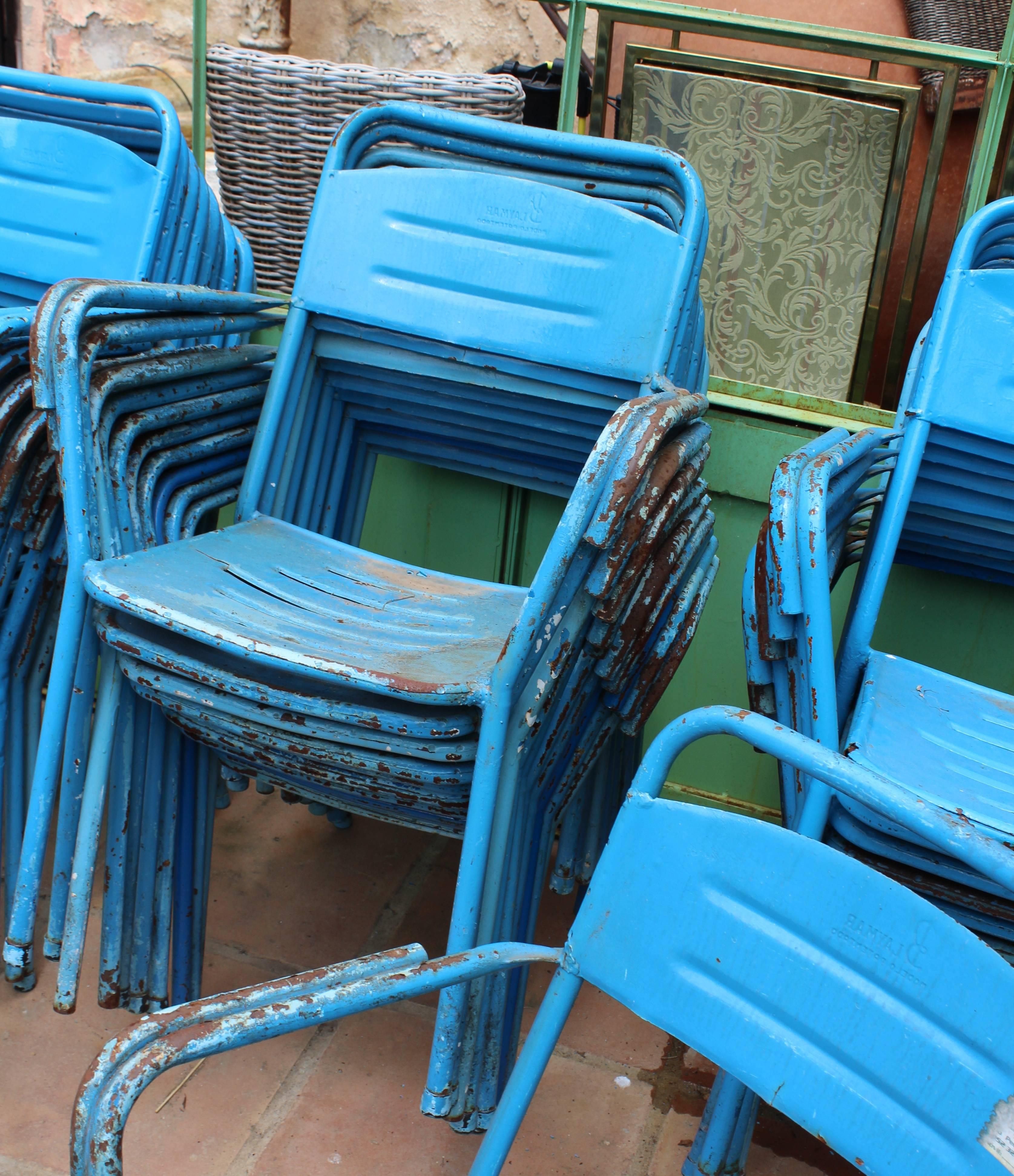 1980s Set of 32 Spanish Made Iron Blue Chairs 1