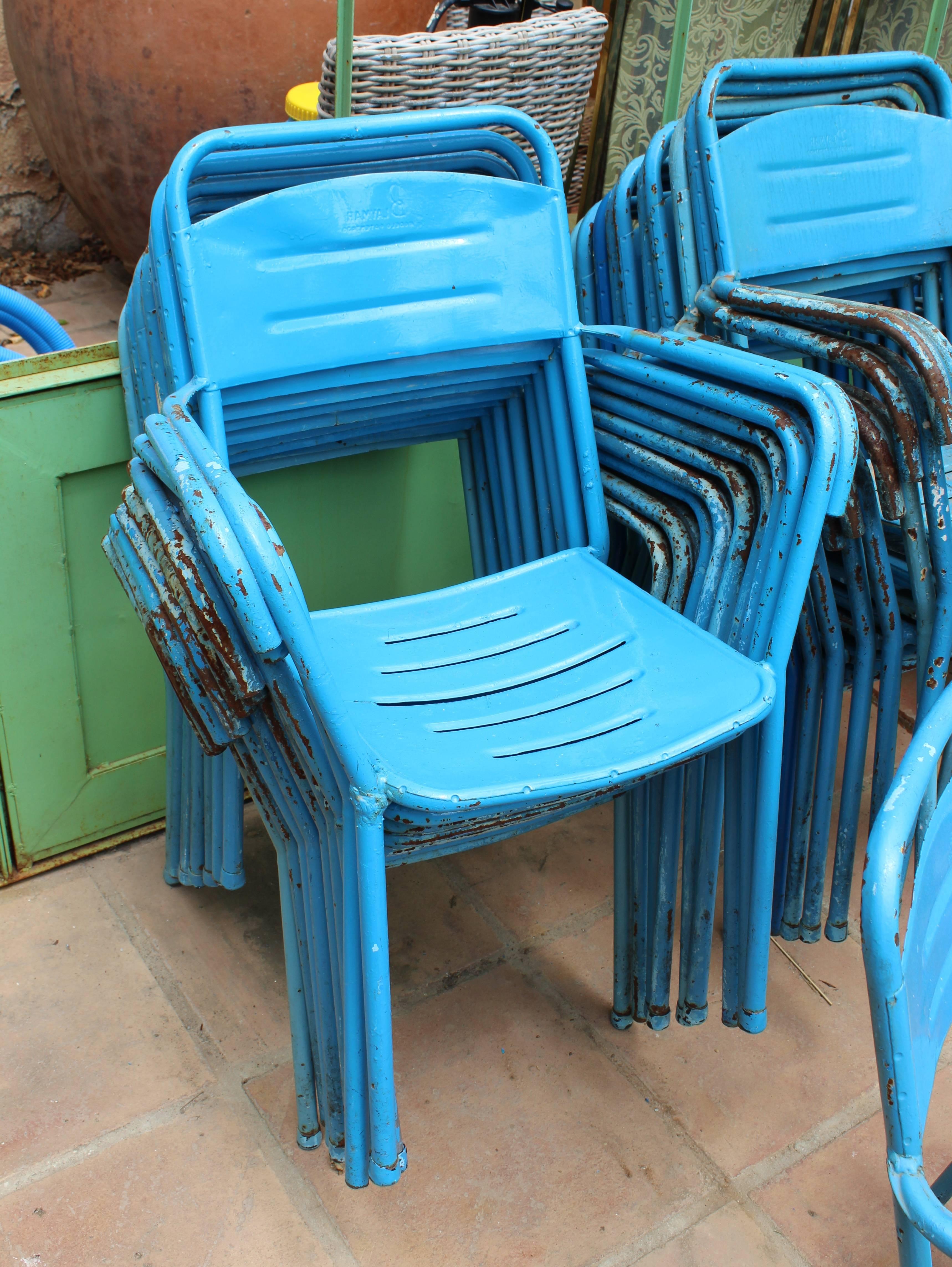 1980s Set of 32 Spanish Made Iron Blue Chairs 2