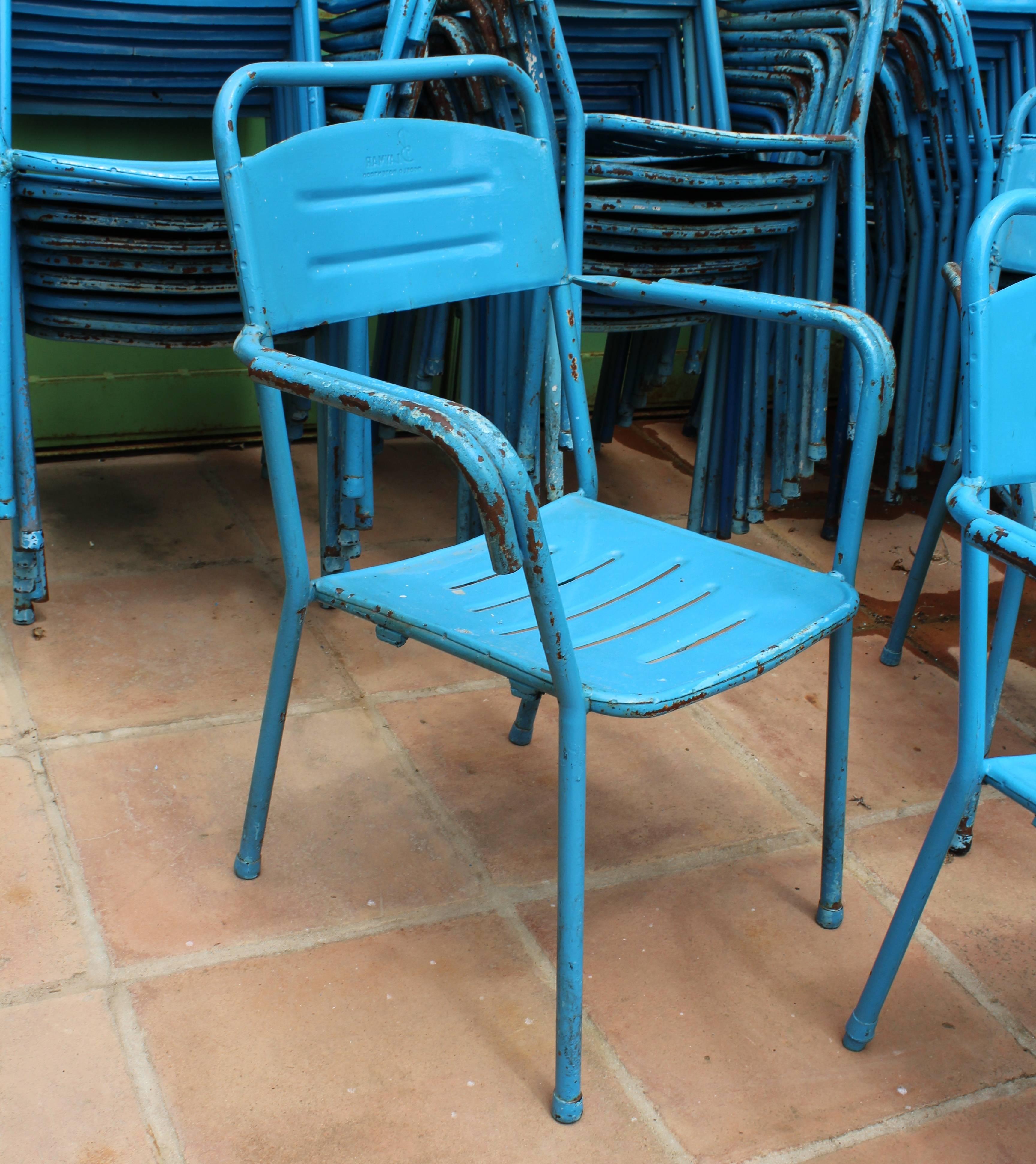 1980s Set of 32 Spanish Made Iron Blue Chairs 3