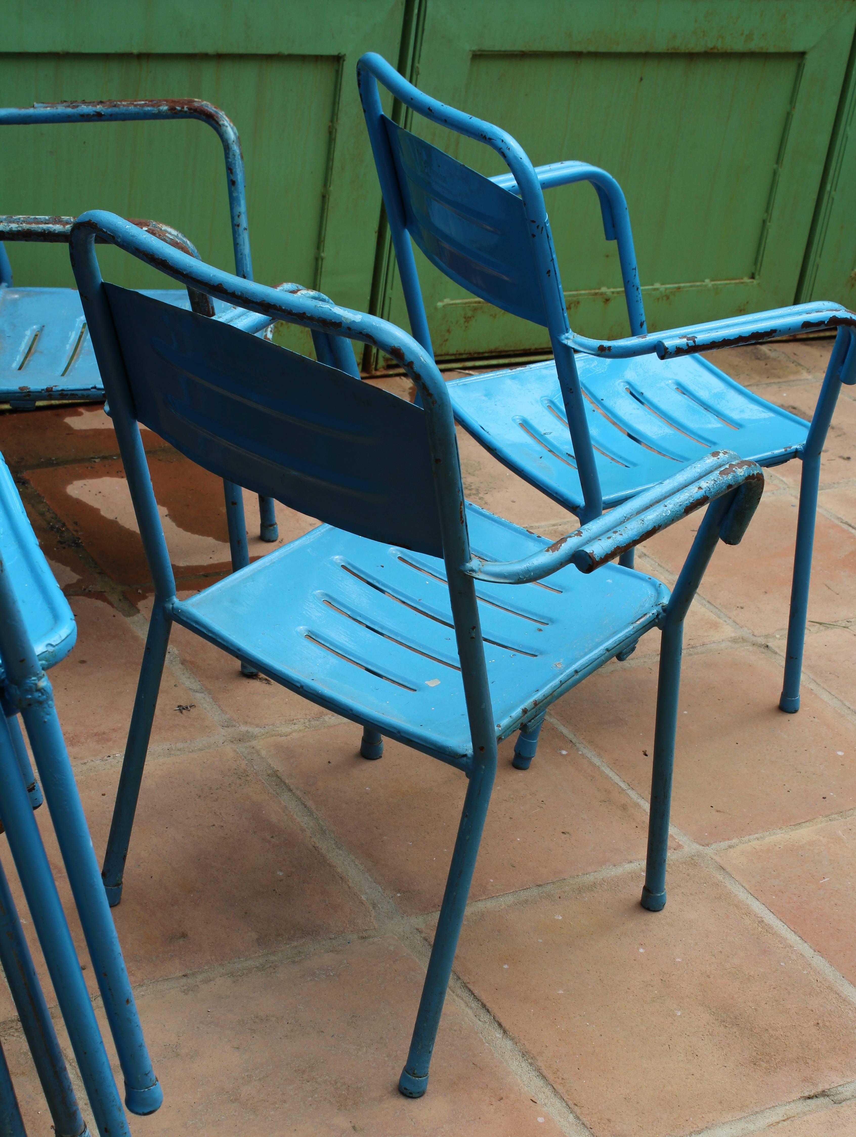 1980s Set of 32 Spanish Made Iron Blue Chairs 5