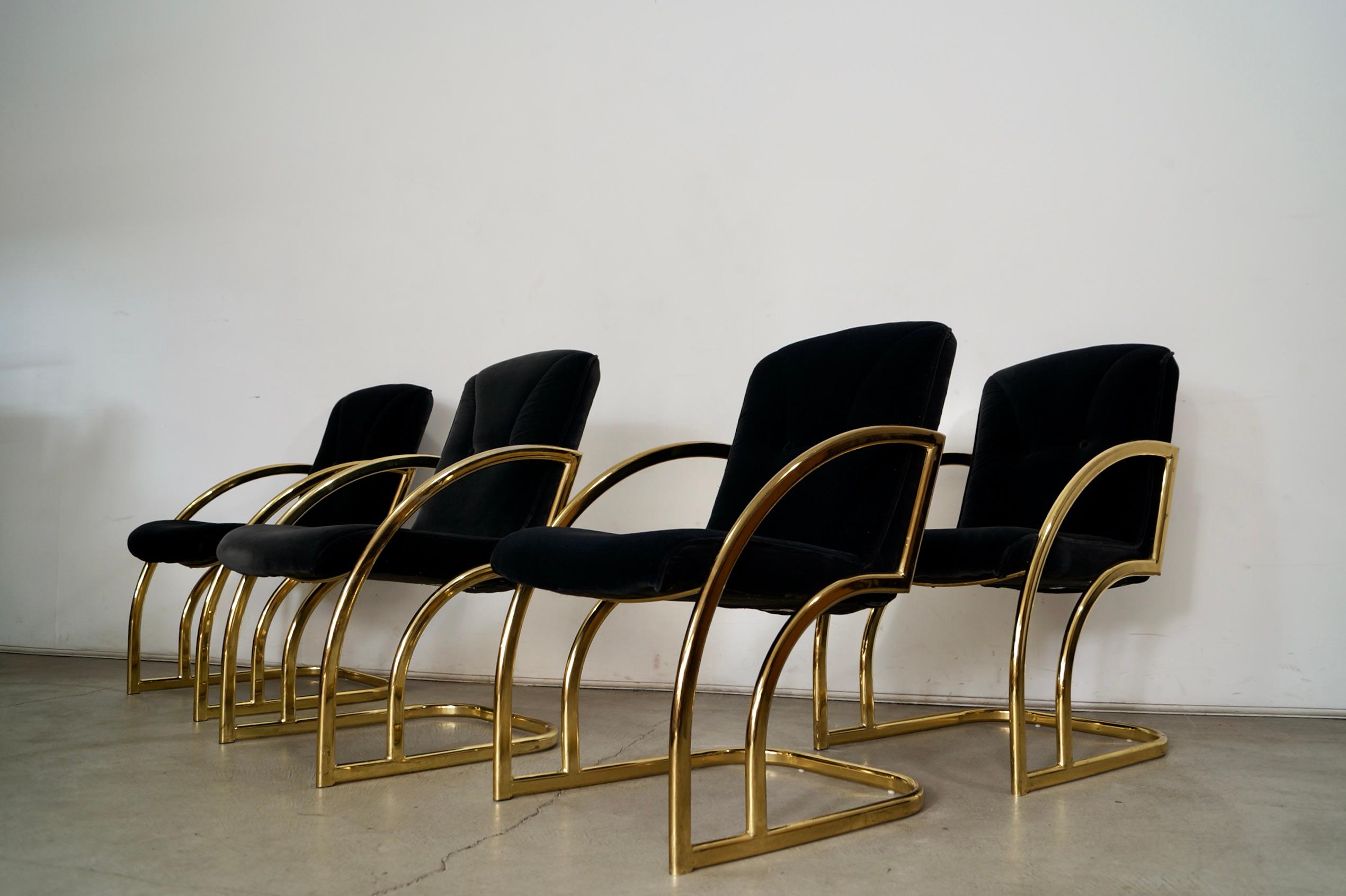 American 1980's Set of 4 Art Deco Hollywood Regency Brass Dining Arm Chairs