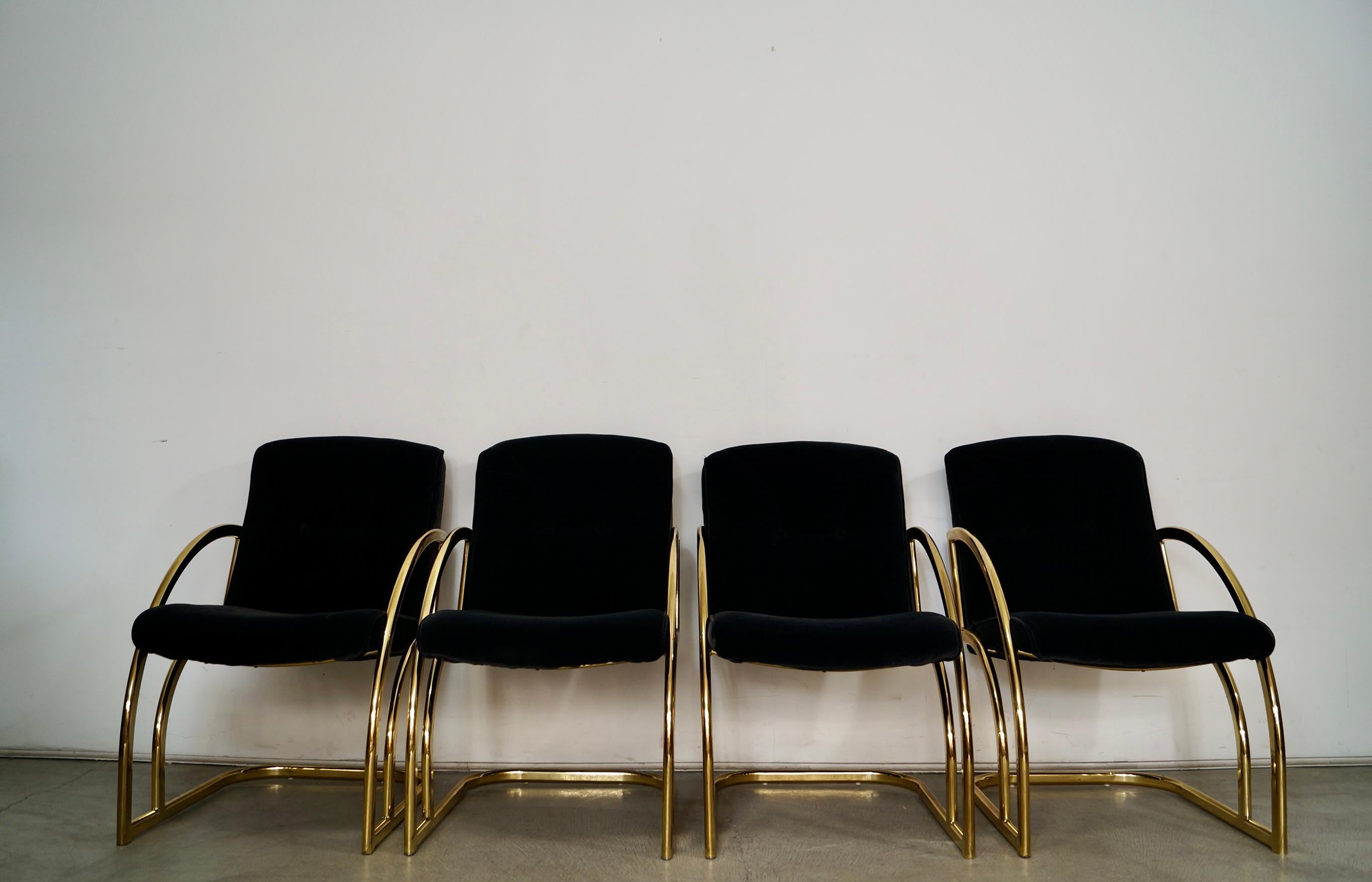 1980's Set of 4 Art Deco Hollywood Regency Brass Dining Arm Chairs In Good Condition In Burbank, CA