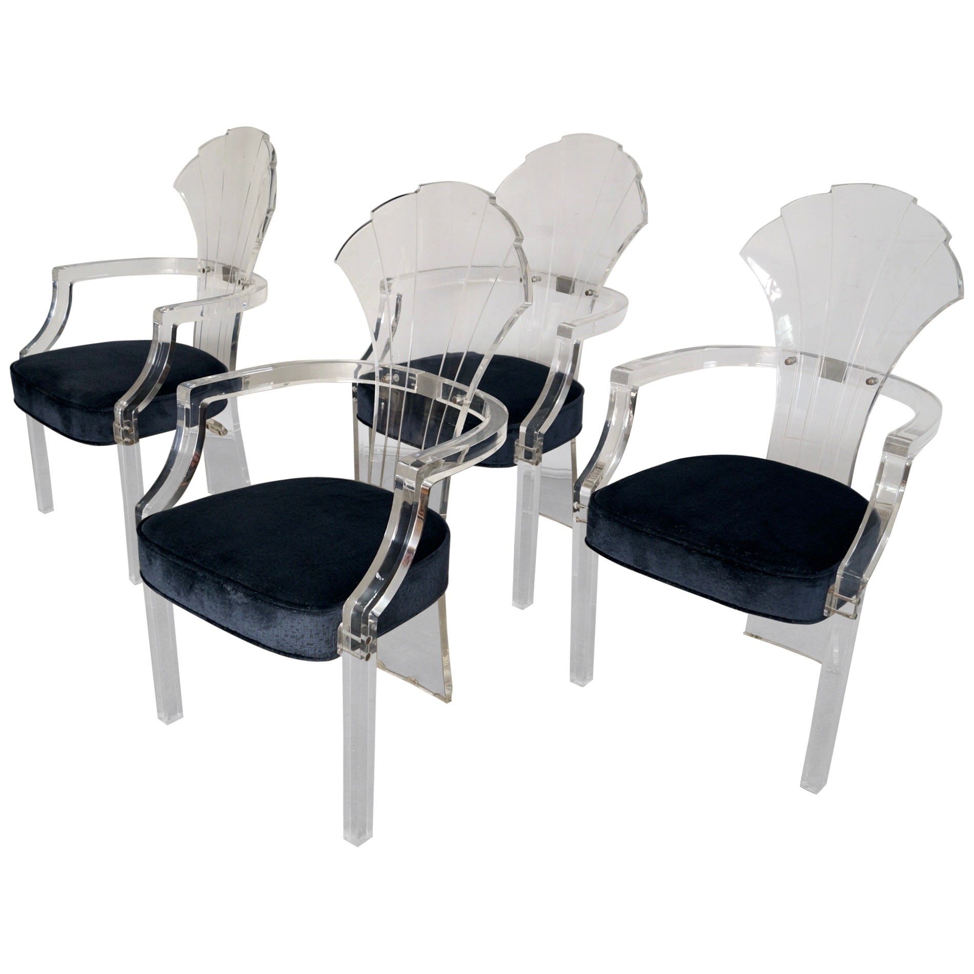 Set di 4 poltrone da pranzo Hollywood Regency Art Deco in lucite e velluto degli anni '80 in vendita