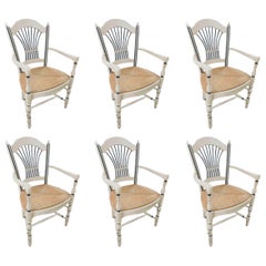 1980s Set of 6 Painted Armchairs with Mesh Seats and Navy Blue Details