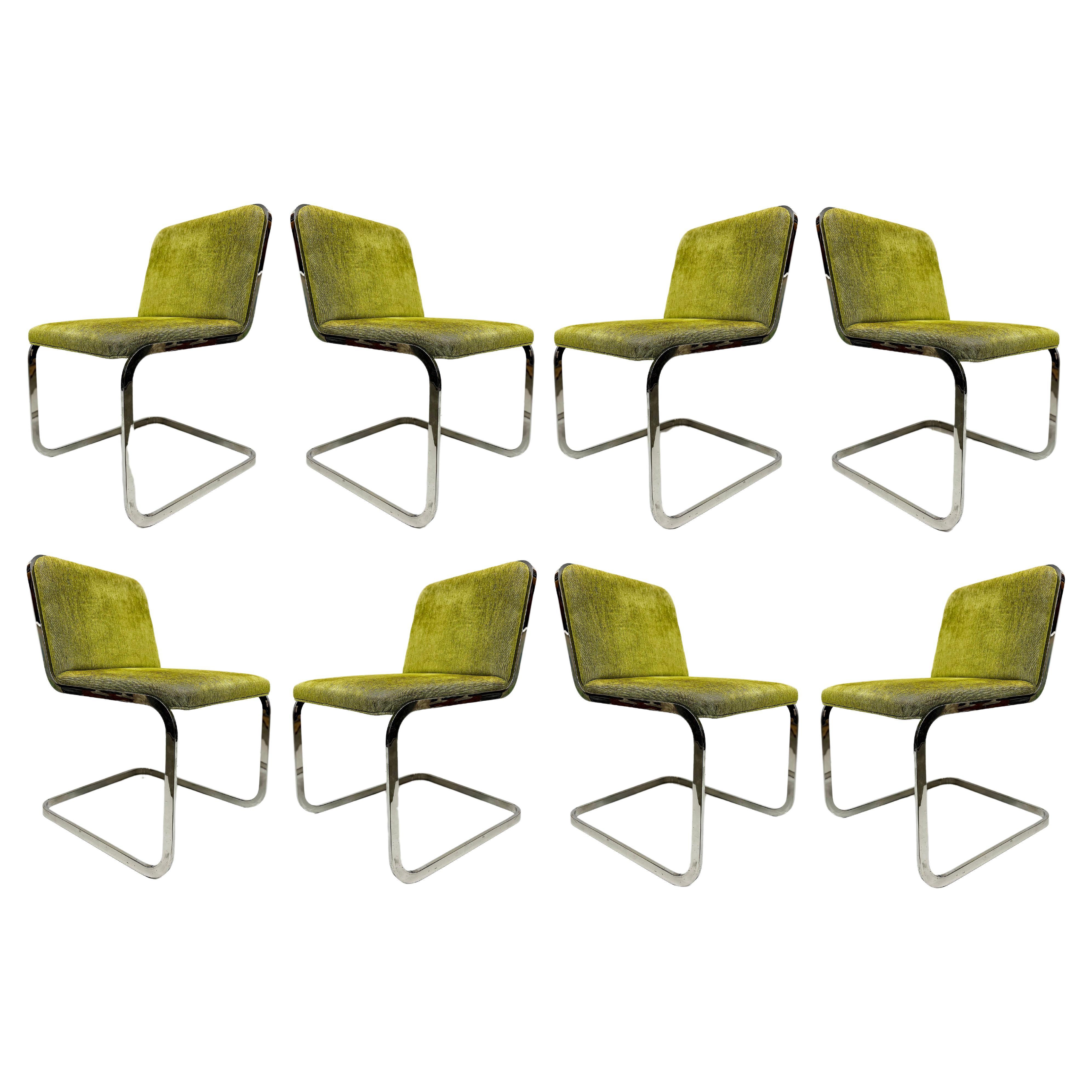 Juego de 8 sillas de comedor cantilever de acero cromado de los años 80, atribuido a Pace Furniture en venta