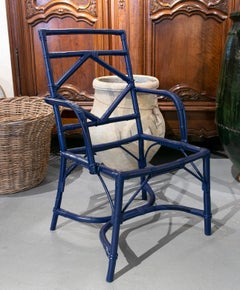 1980s Set of Eight Bamboo and Wicker Chairs Painted in Blue