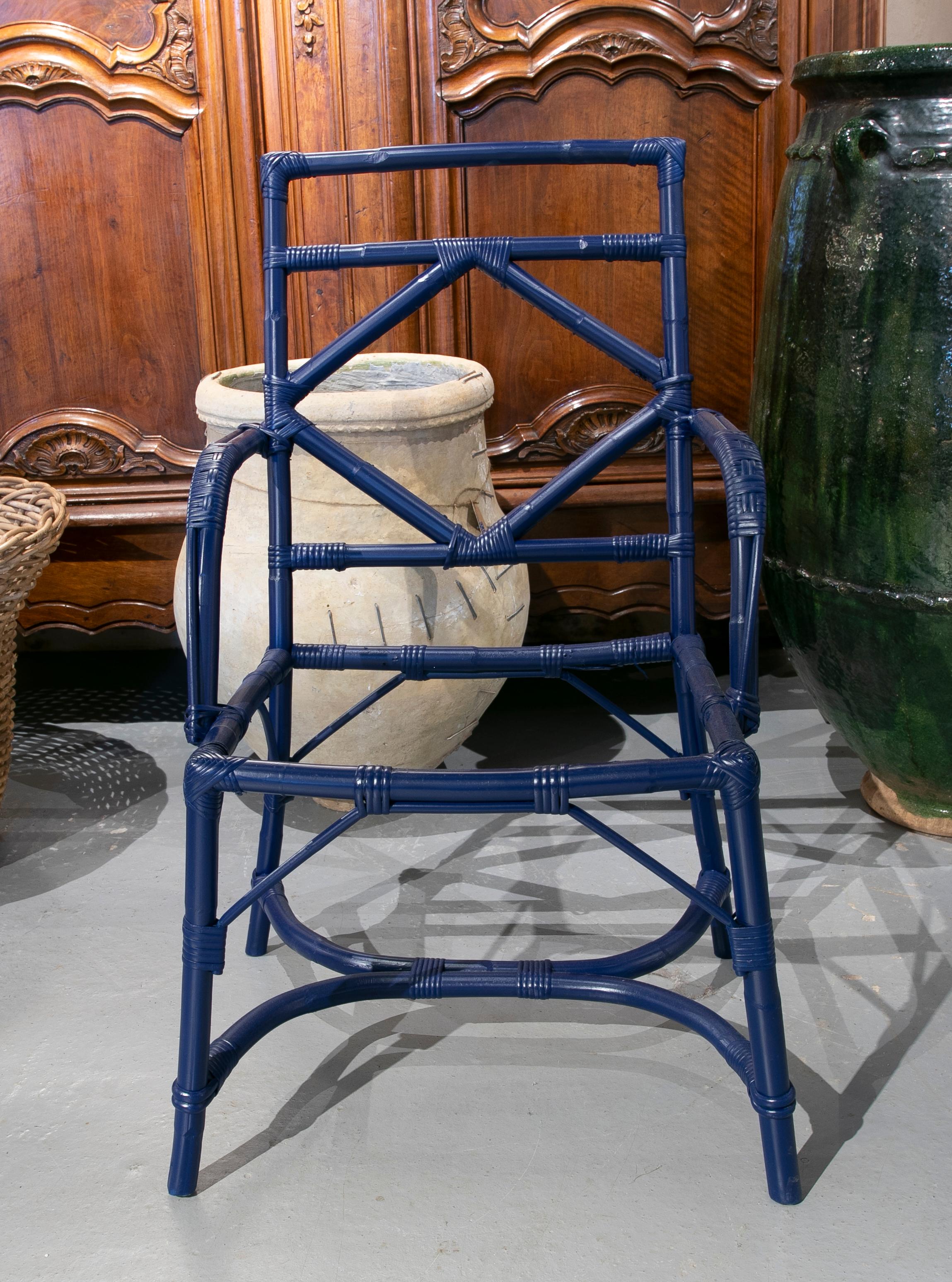 Spanish 1980s Set of Eight Bamboo and Wicker Chairs Painted in Blue For Sale