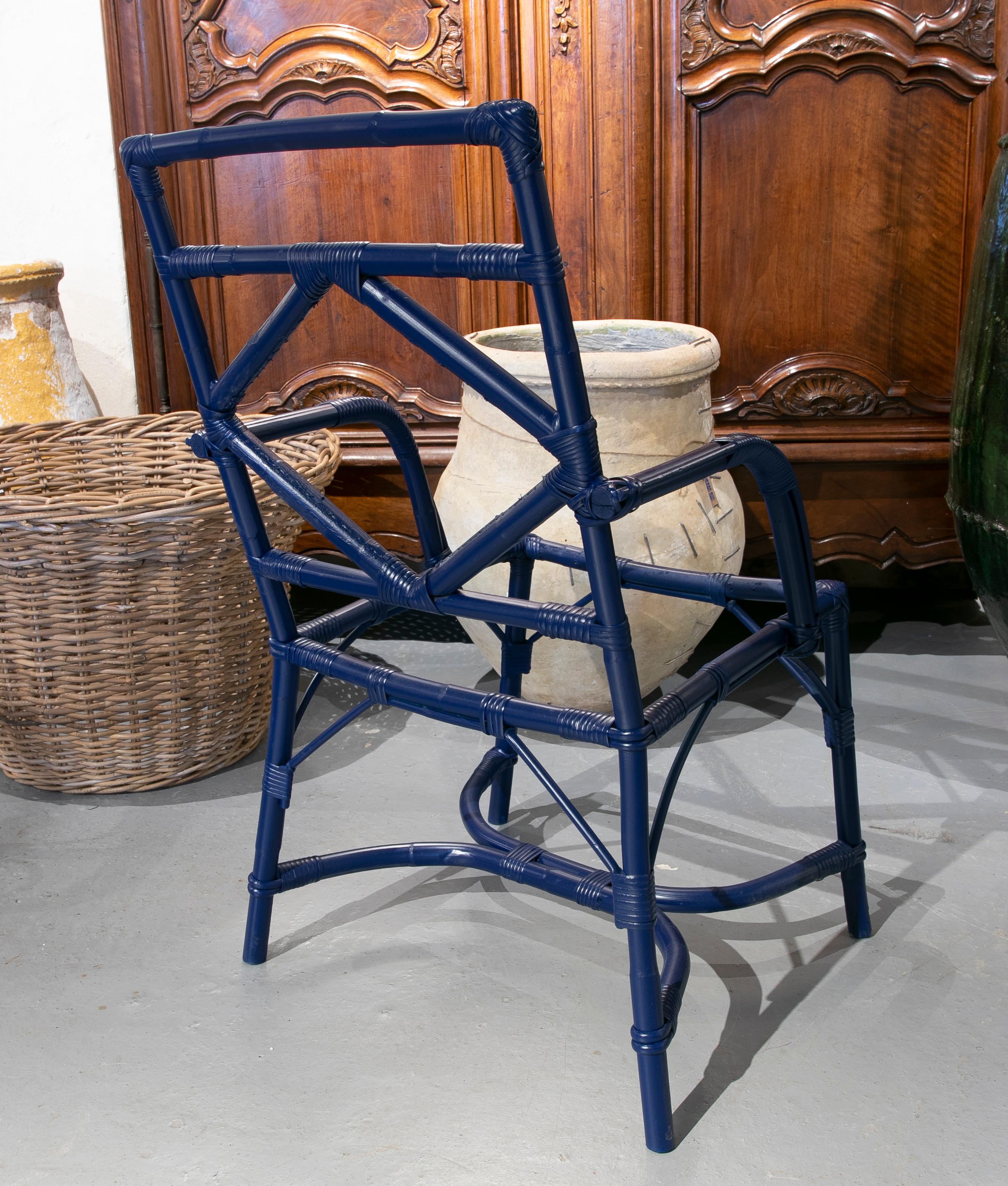 1980s Set of Eight Bamboo and Wicker Chairs Painted in Blue For Sale 1
