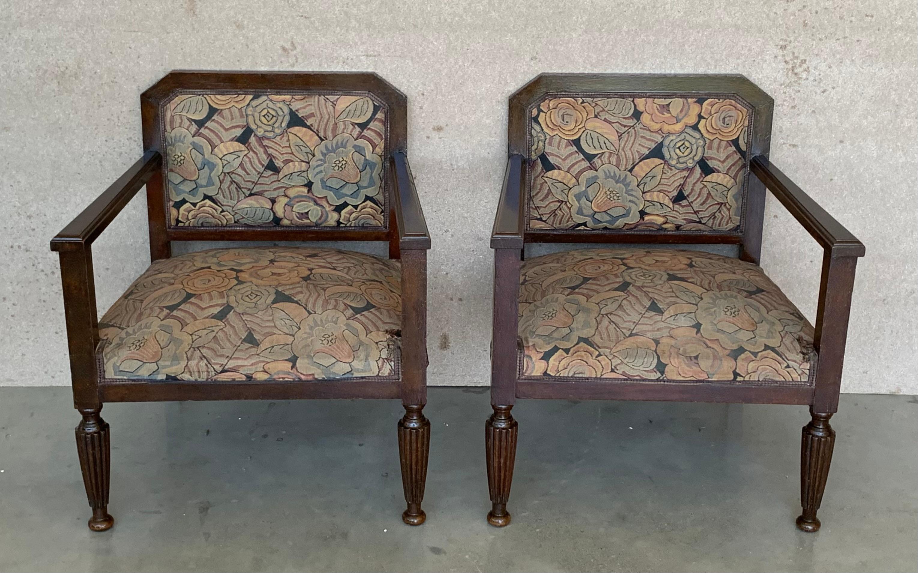 Beautiful Art Deco lounge chairs with the typical design and fabric of this period. Very comfortable , wood in perfect condition and restored. The fabric needs a reupholster.