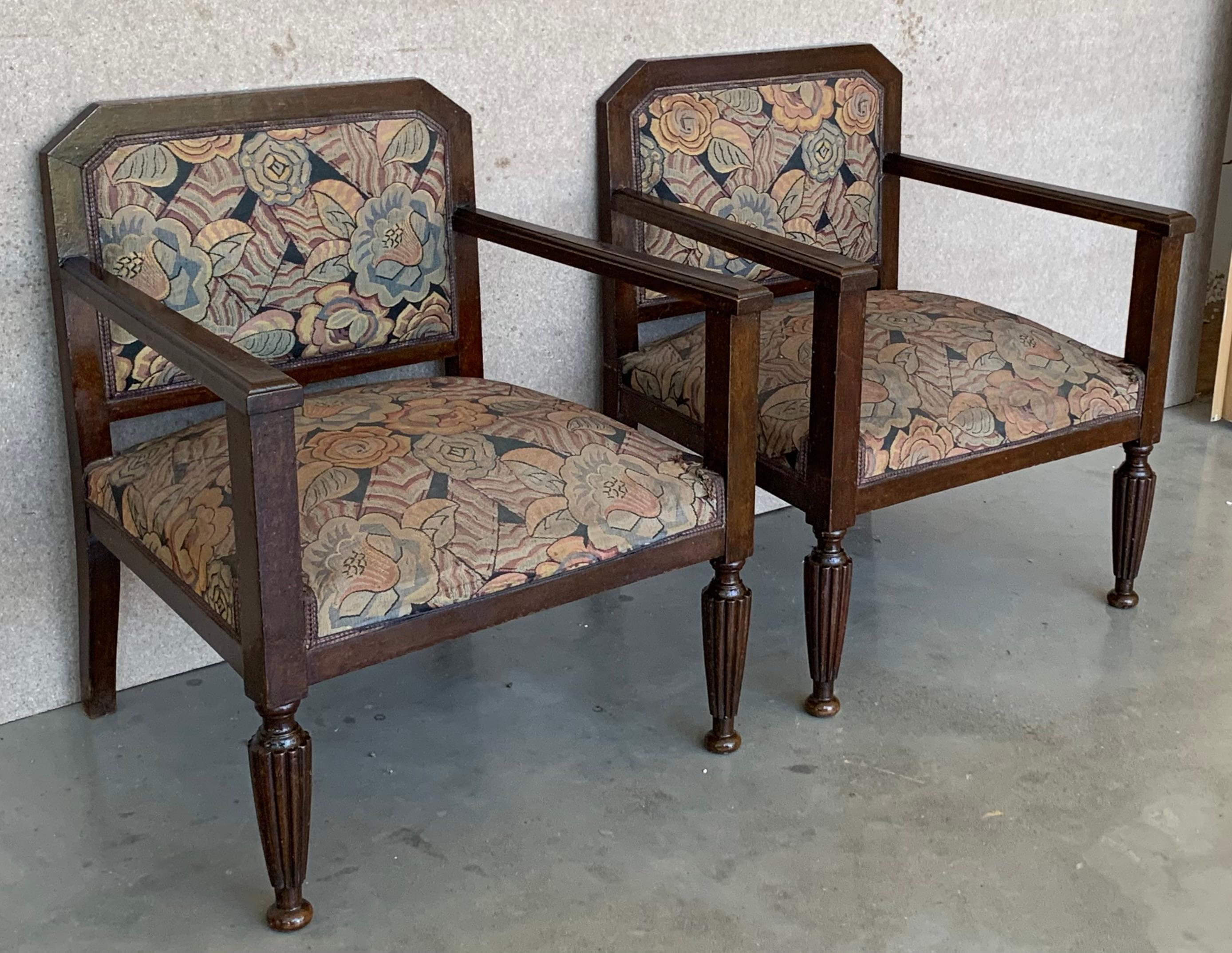 Spanish 1980s Set of Five Art Deco Brown Velvet Wooden Armchairs