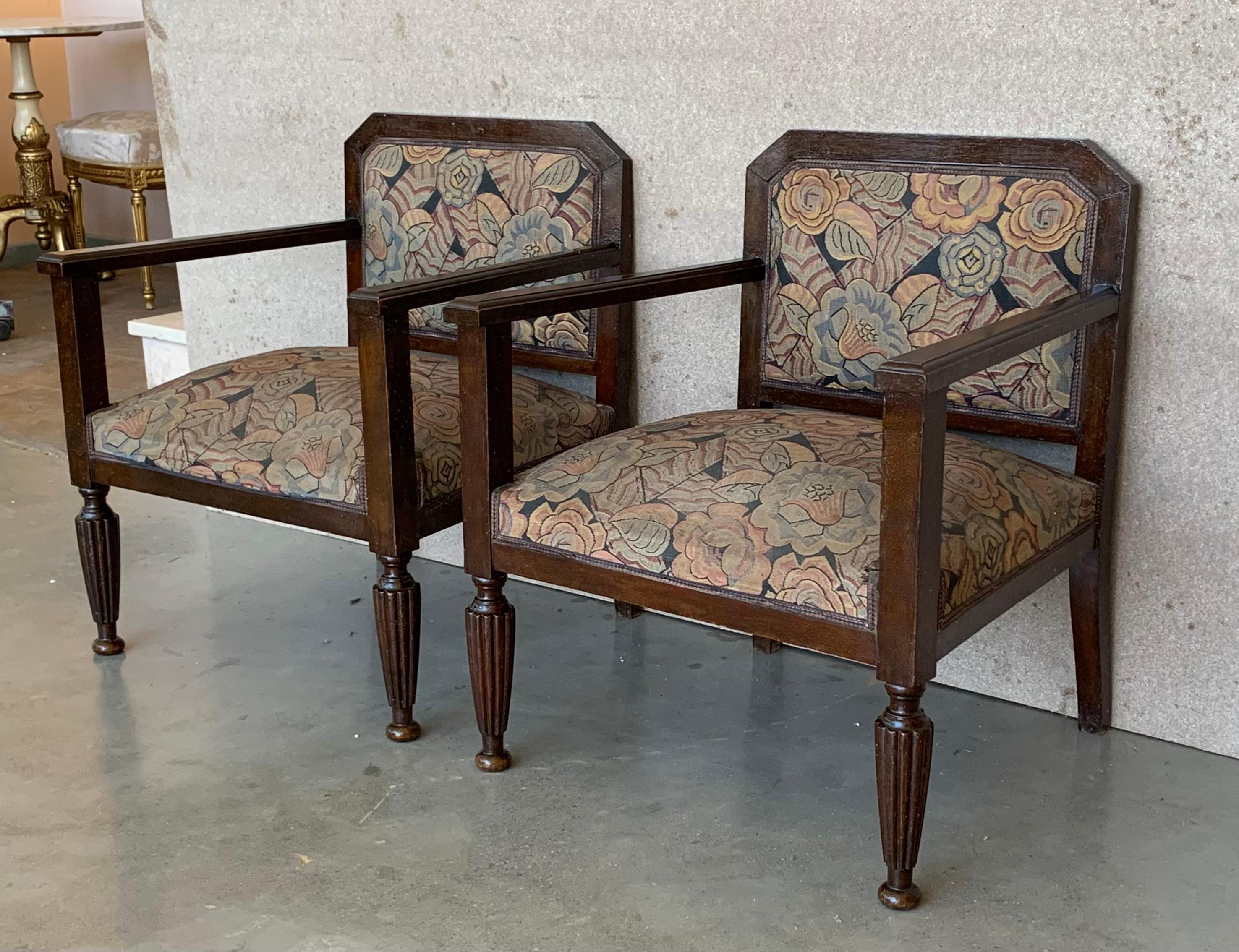1980s Set of Five Art Deco Brown Velvet Wooden Armchairs In Good Condition In Miami, FL