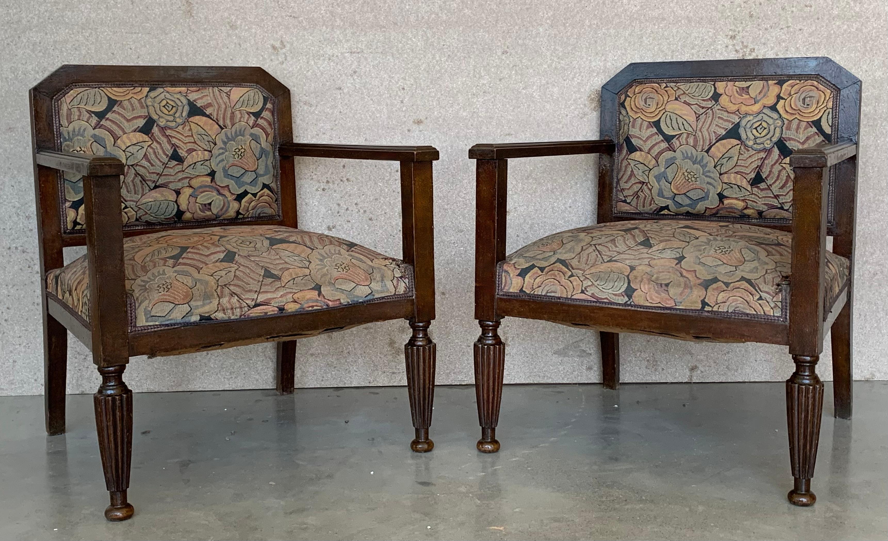 20th Century 1980s Set of Five Art Deco Brown Velvet Wooden Armchairs