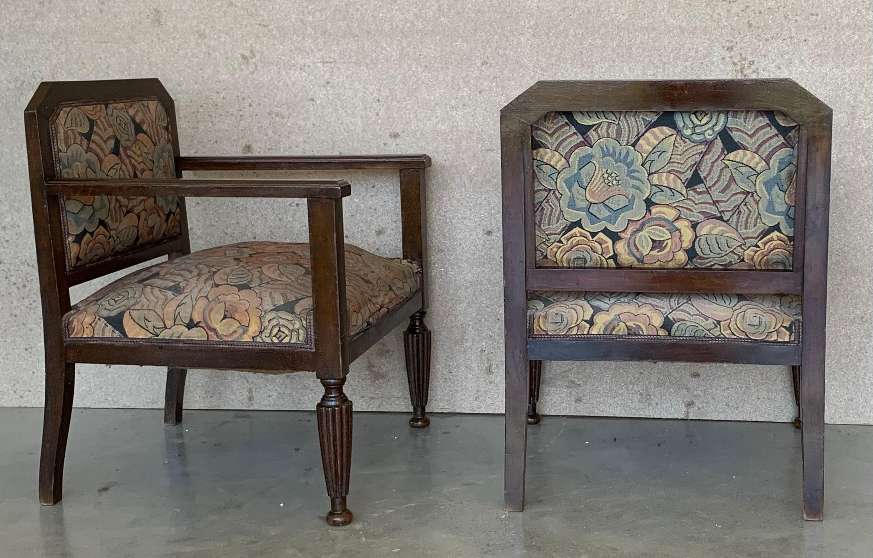 1980s Set of Five Art Deco Brown Velvet Wooden Armchairs 1
