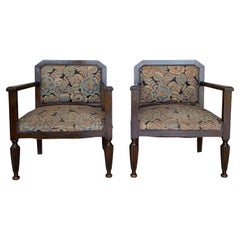 1980s Set of Five Art Deco Brown Velvet Wooden Armchairs