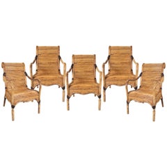 1980s Set of Five Spanish Hand Woven Bamboo Armchairs