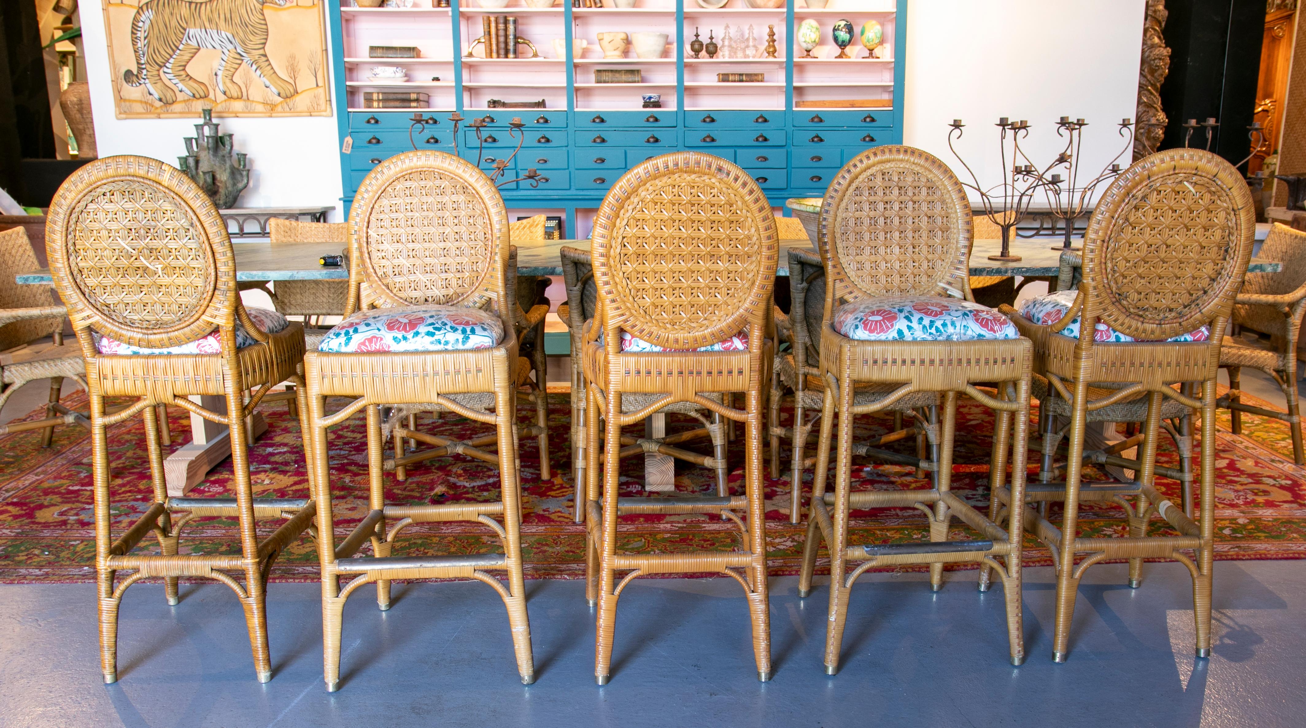 1980s Set of Five Upholstered Wicker Stools 4